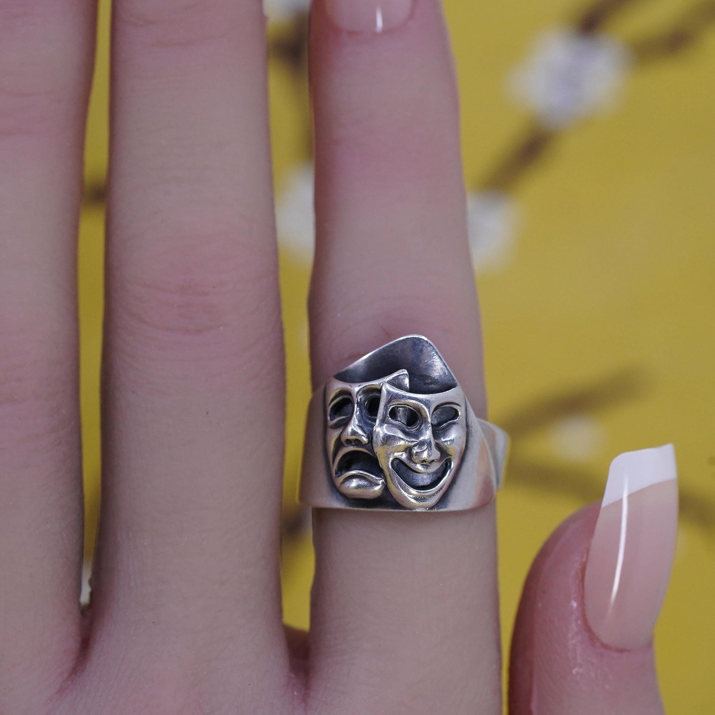 Size 6, Vintage 925 Sterling Silver Comedy Tragedy Mask Ring Theater Drama Band