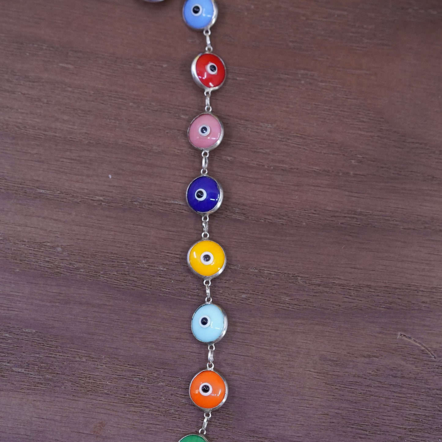17”, Sterling 925 silver handmade necklace with colorful glass evil eye links