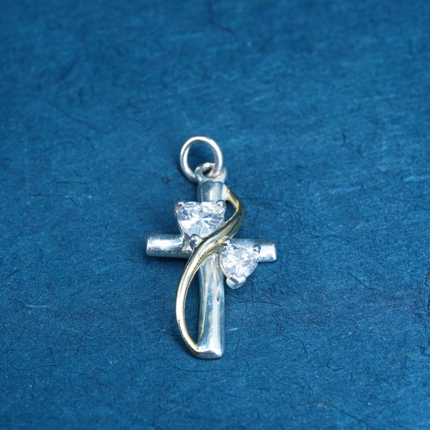 Two tone Sterling silver prayer pendant, 925 cross gold heart “faith hope love"