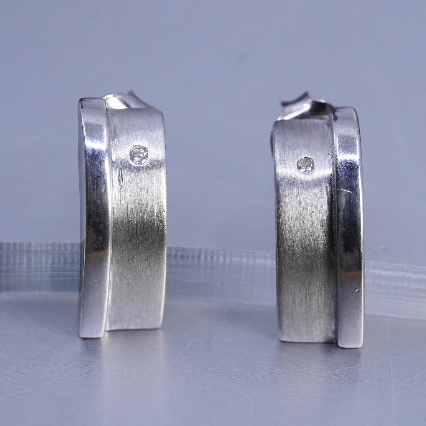 Vintage modern GHA Sterling 925 silver earrings, studs with diamond inlay