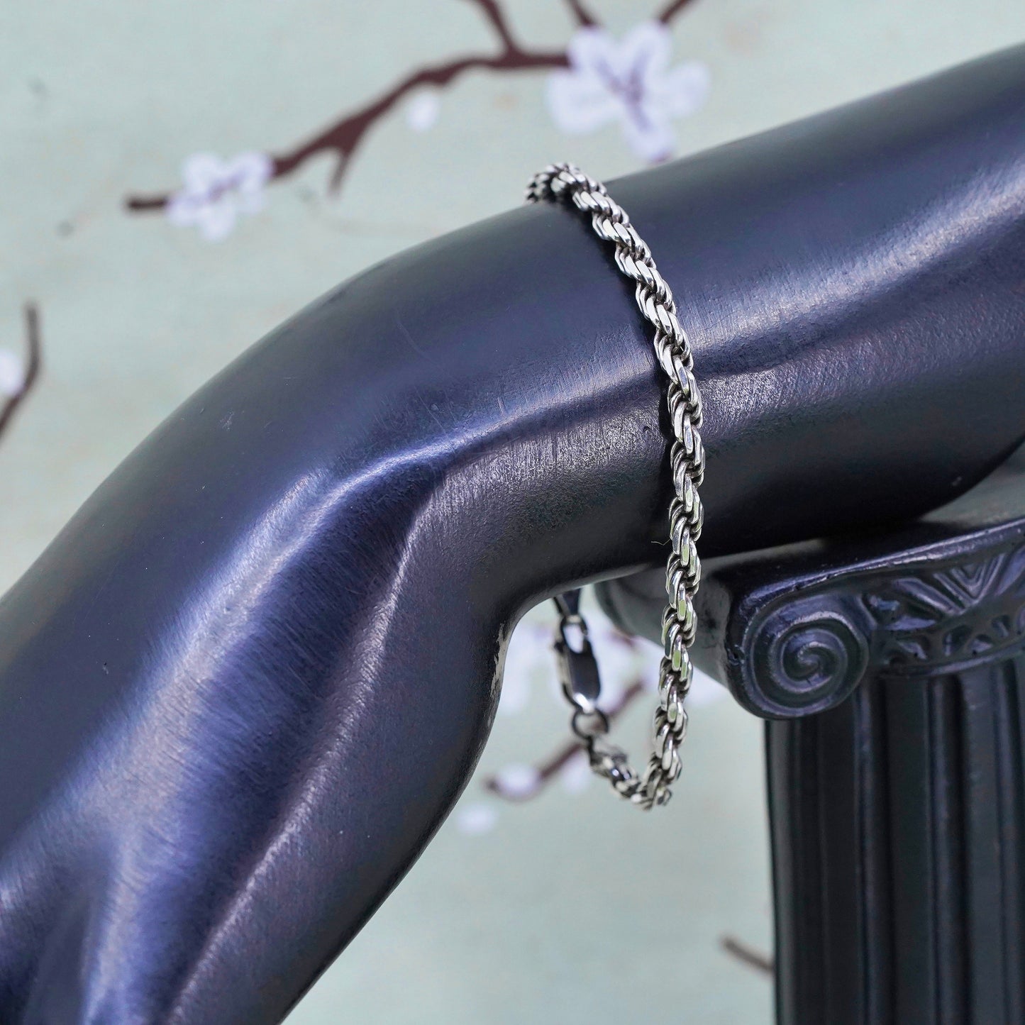 6.5", 4mm, Vintage sterling 925 silver Italy rope chain bracelet