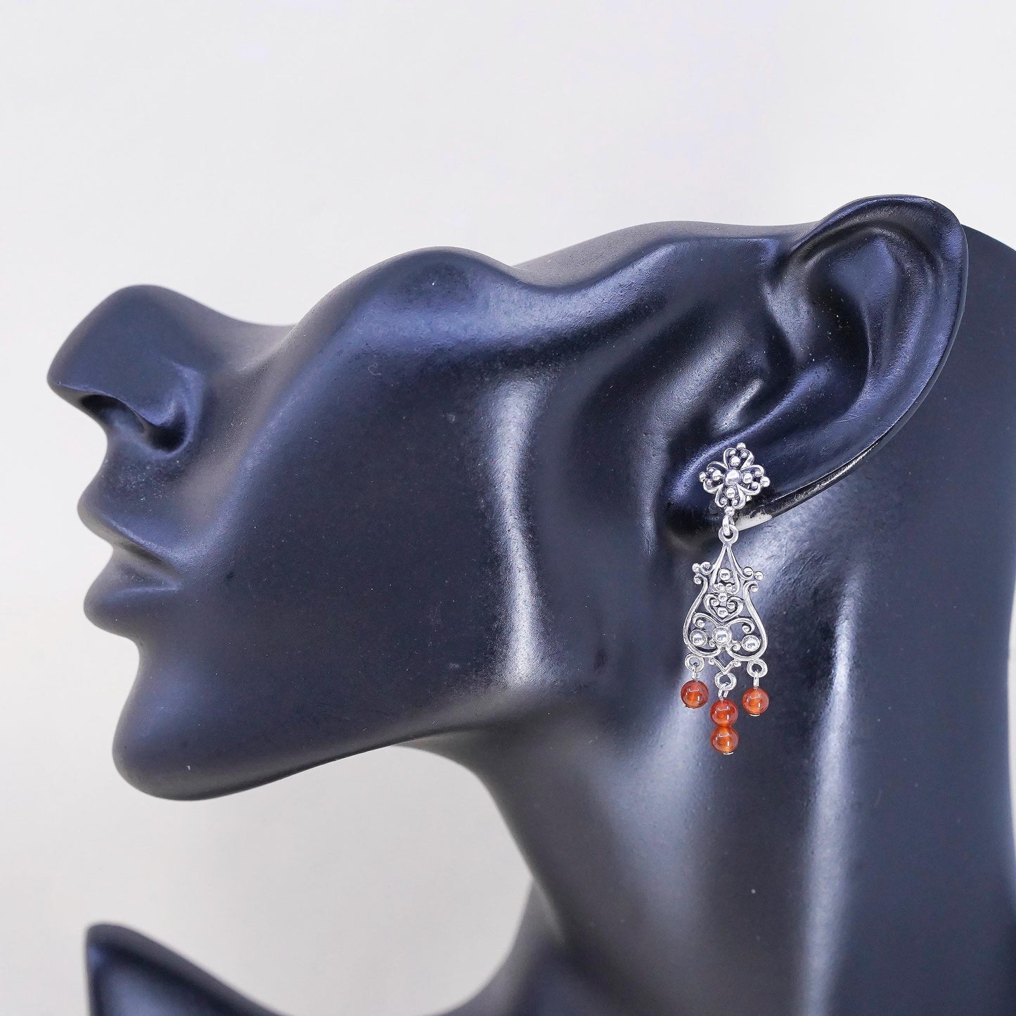 Vintage Sterling silver 925 handmade swirly filigree earrings carnelian beads
