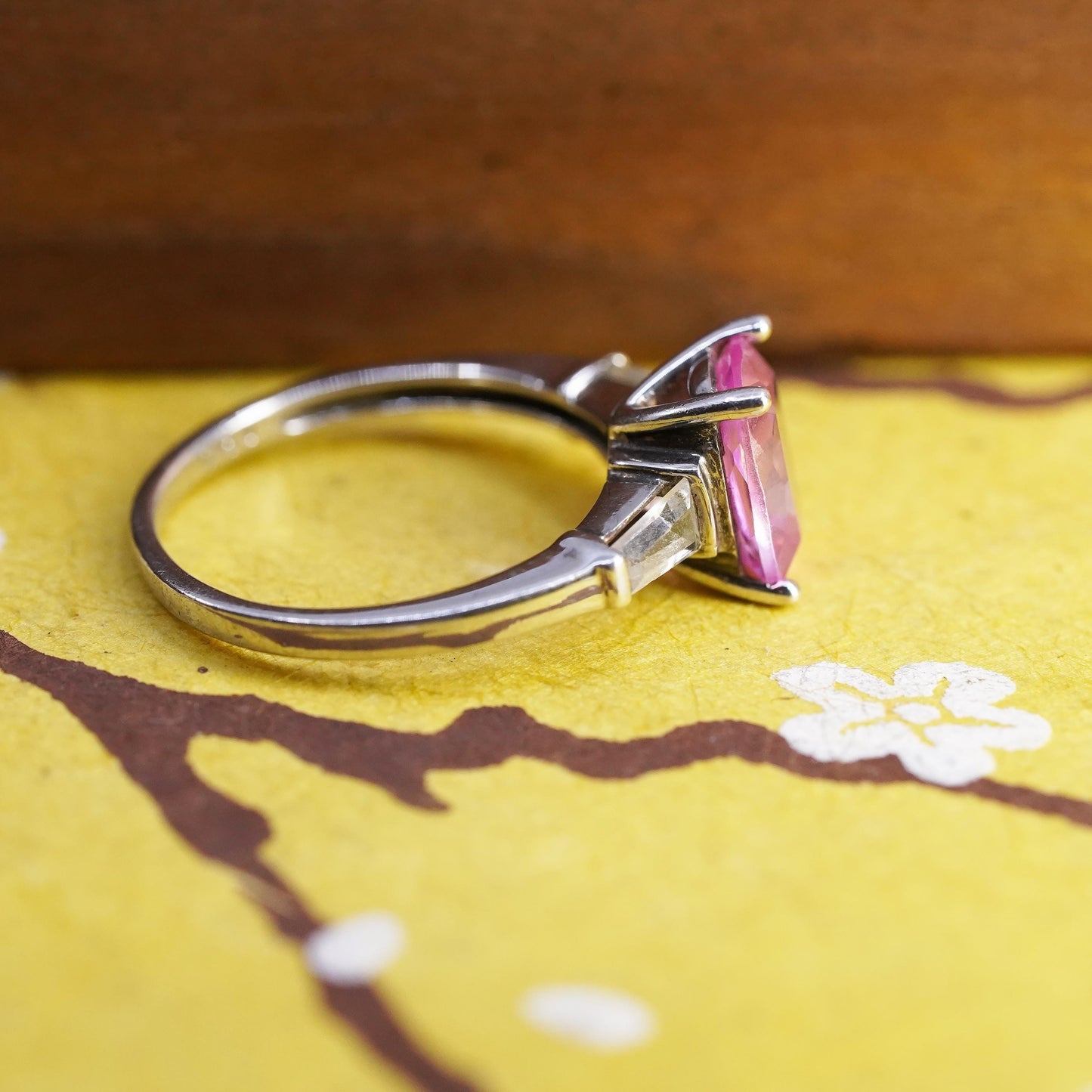 Size 7.25, vintage Sterling silver handmade ring, 925 band pink white sapphire