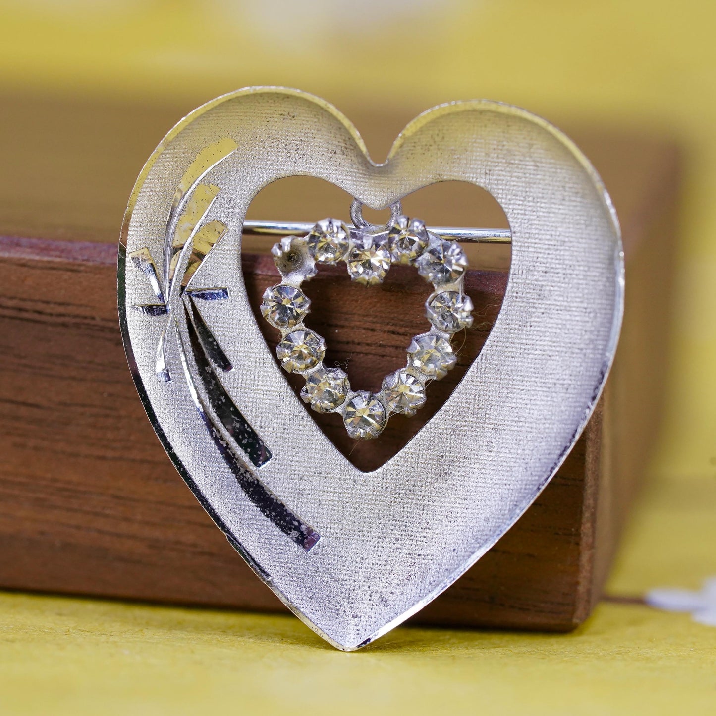 Vintage handmade sterling silver brooch, 925 silver heart with rhinestones