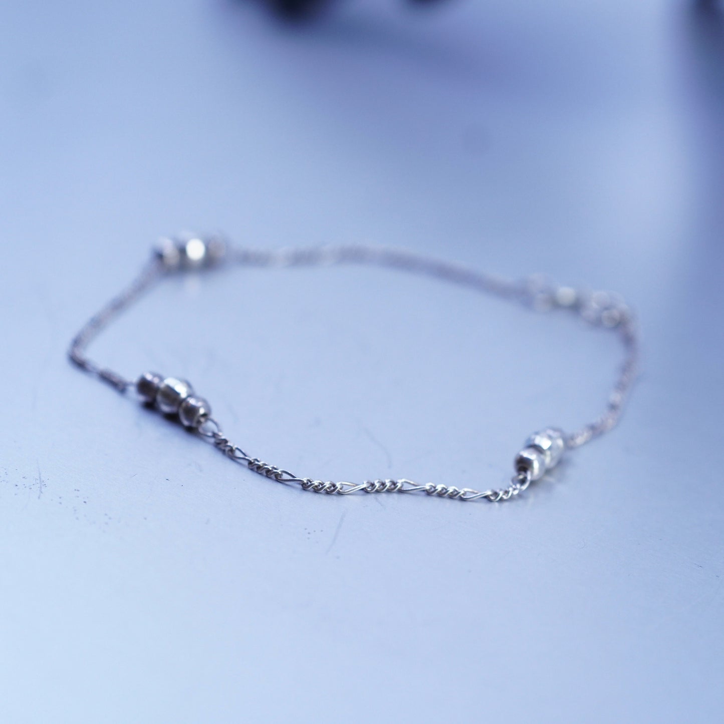 9.75”, vintage Sterling 925 silver figaro bracelet anklet with beads