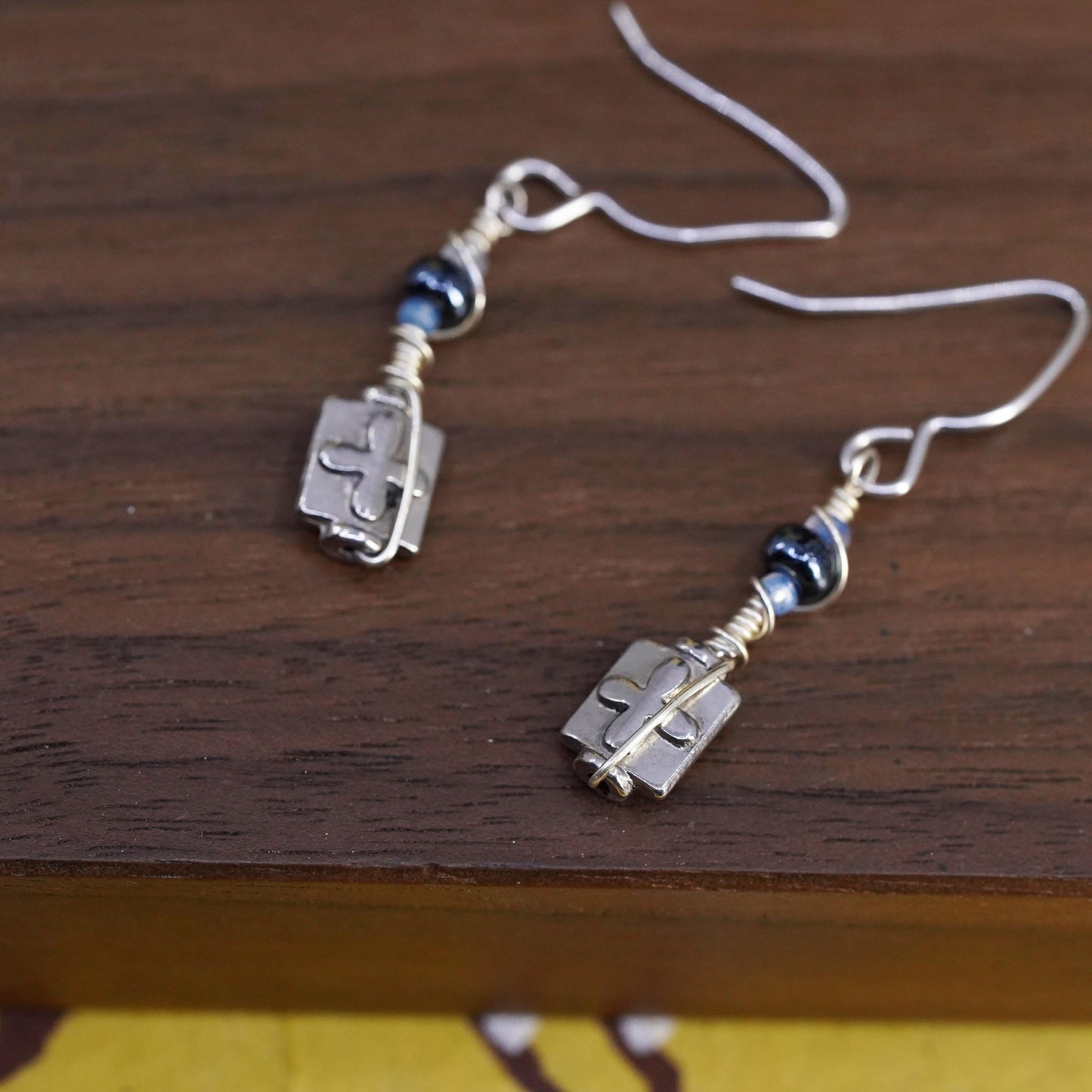 Vintage Sterling silver handmade earrings, 925 wired dangles with cross dangles
