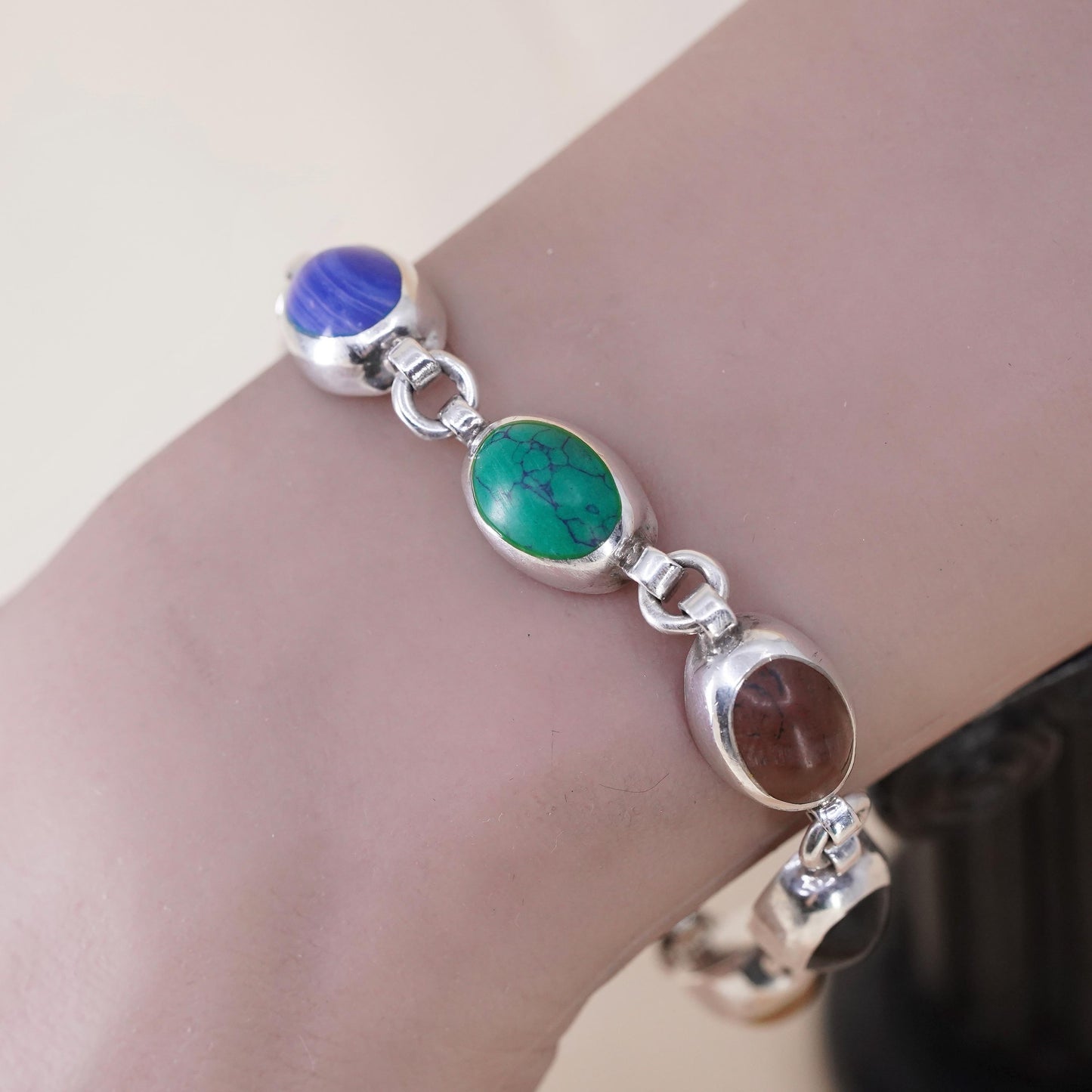 7” Sterling 925 Silver Multi Gemstone Bracelet, Turquoise Tiger Eye Agate Onyx