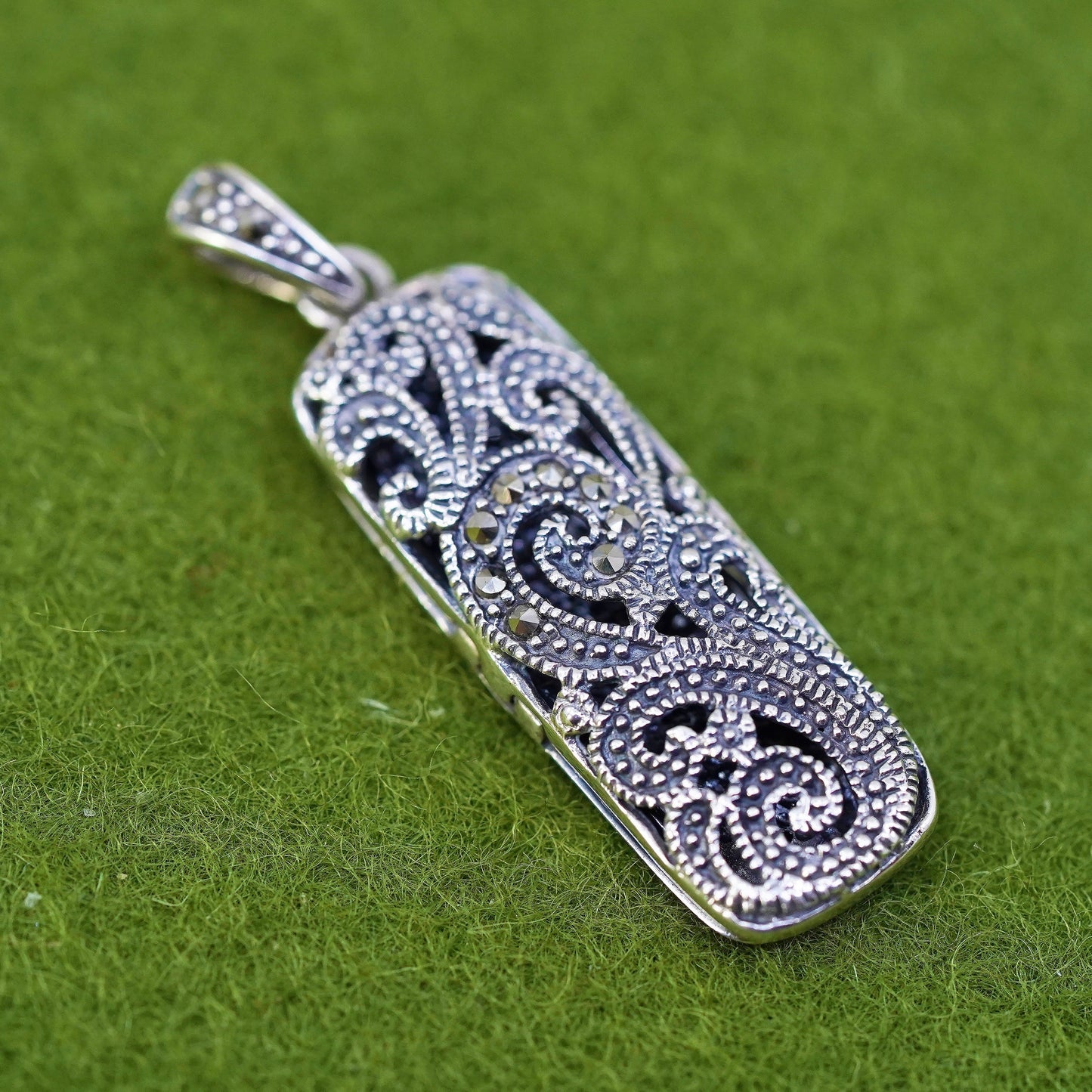 Sterling silver prayer box pendant, filigree 925 locket charm with Marcasite