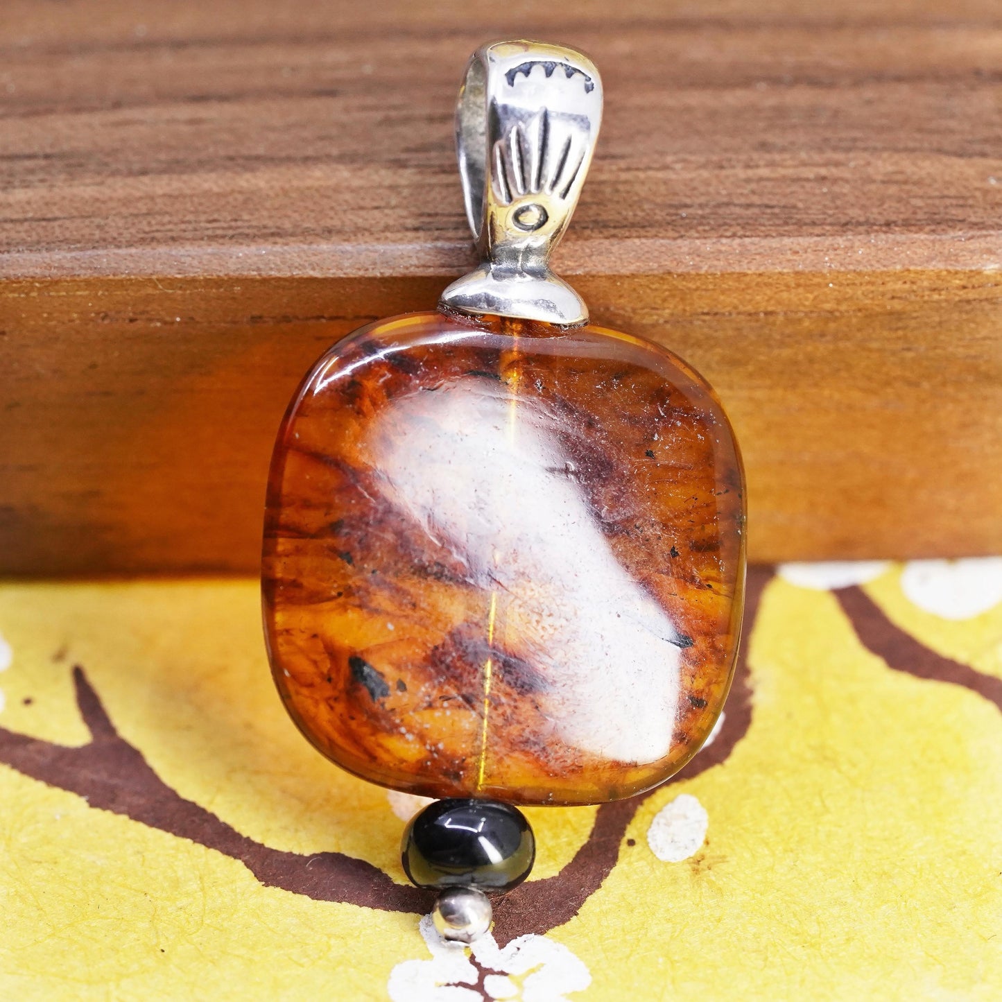 Vintage southwestern Shube Sterling 925 silver handmade pendant w/ Square amber
