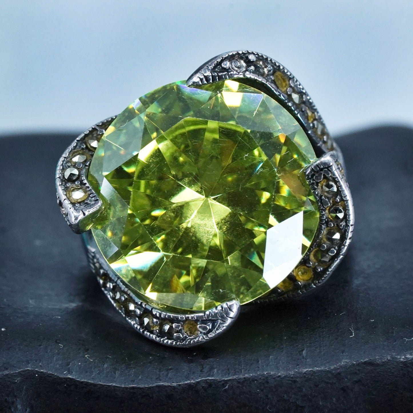 Size 6, Sterling 925 silver handmade statement ring w/ green crystal marcasite