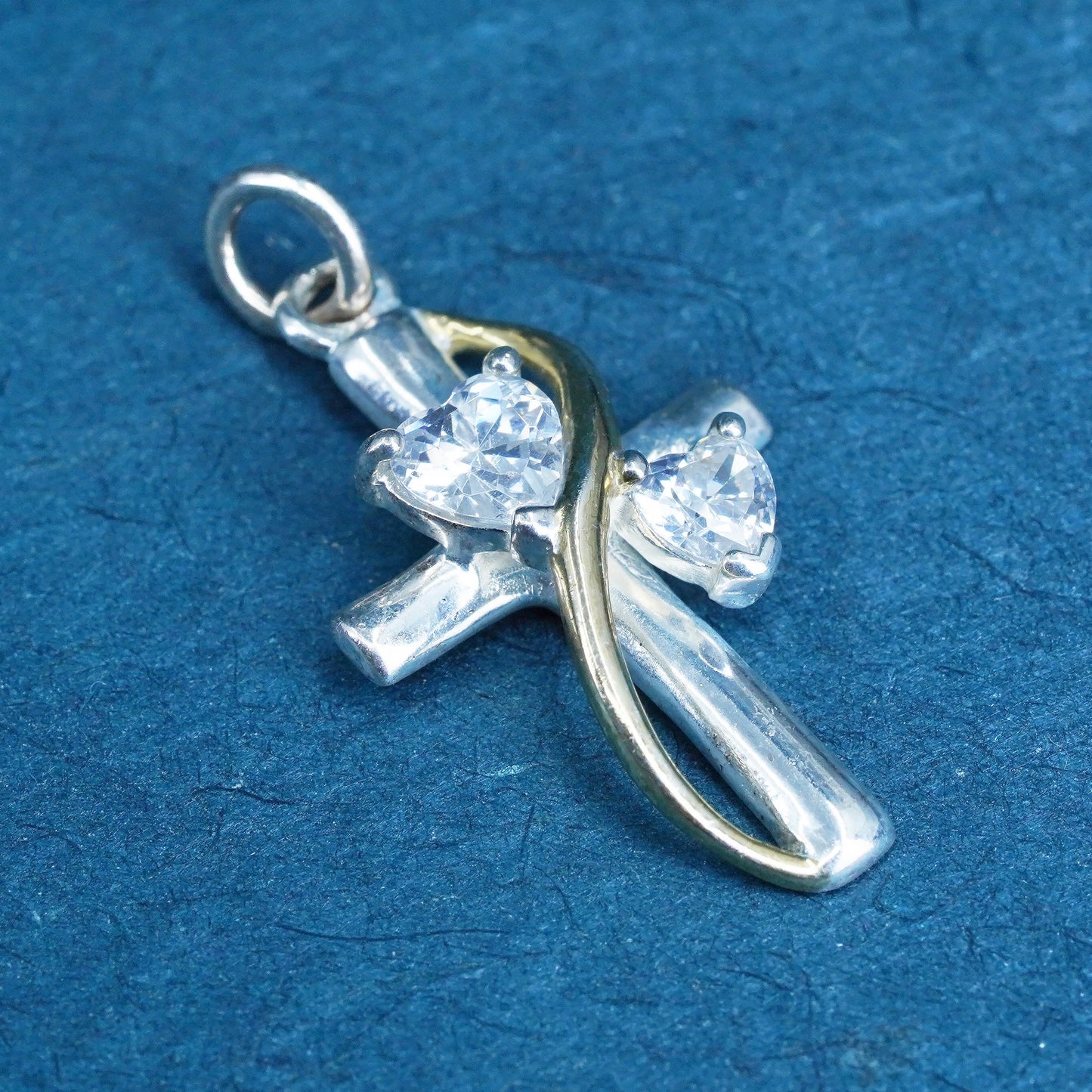Two tone Sterling silver prayer pendant, 925 cross gold heart “faith hope love"