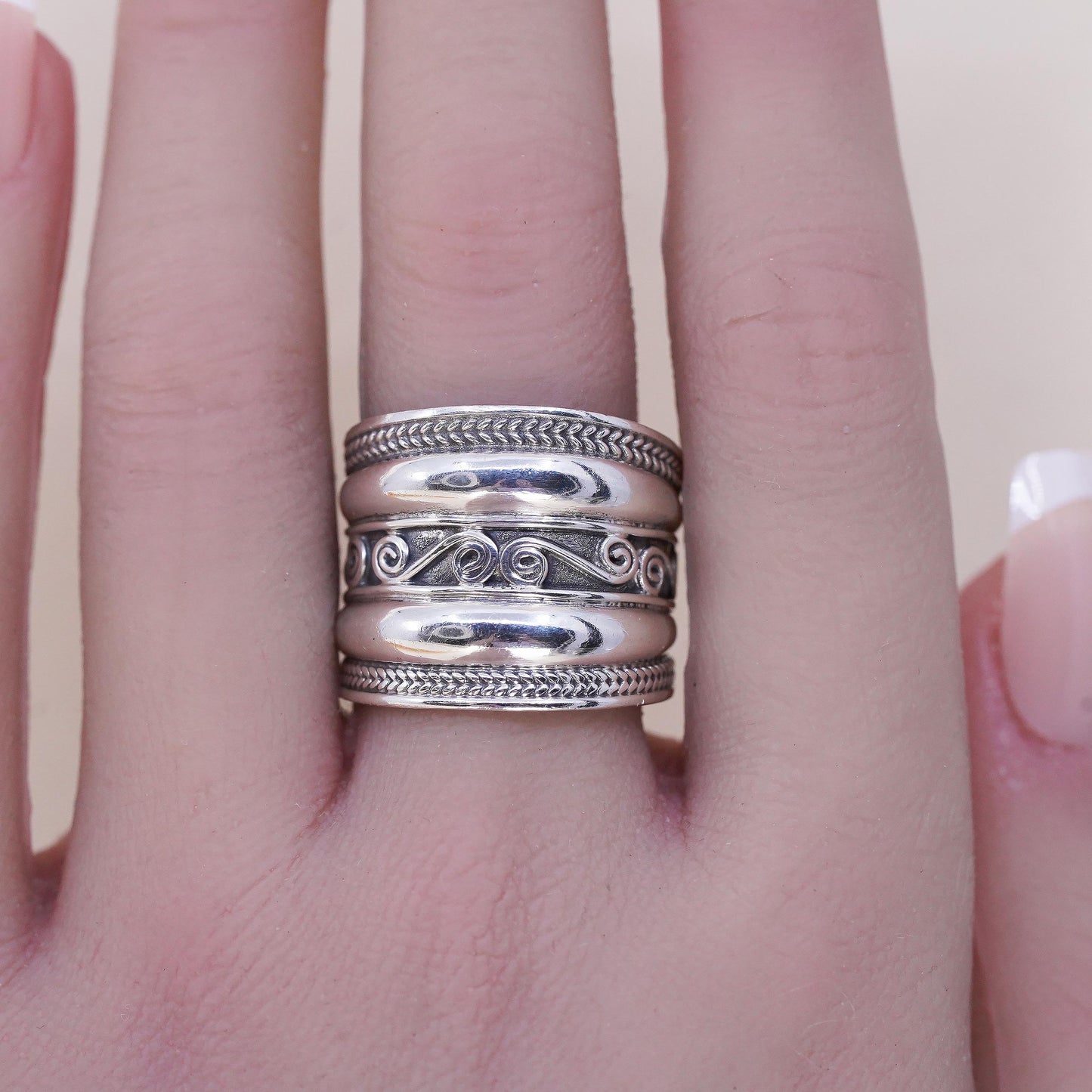 Size 8.5, Wide Sterling Silver Band Ring, Scroll Filigree Ring, Bohemian Unisex