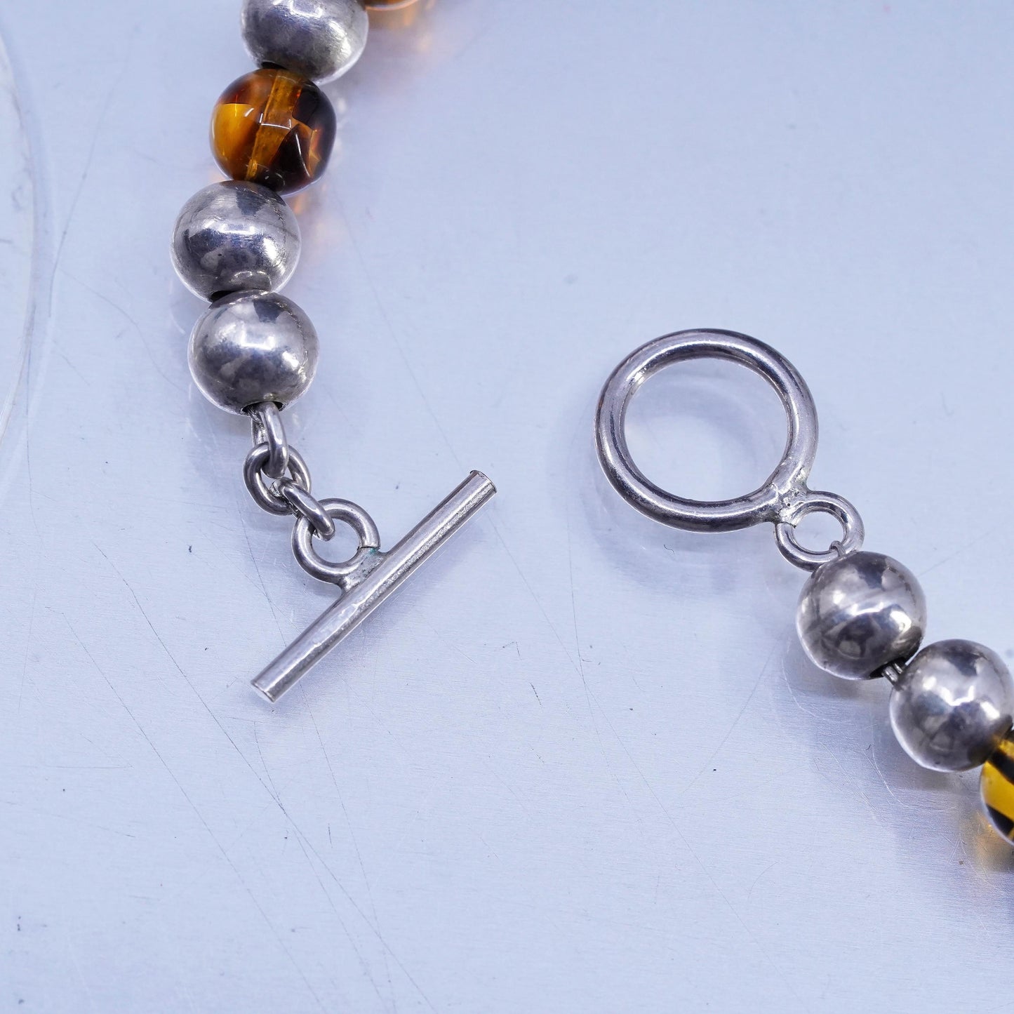 16" 8mm, Vintage Sterling 925 silver necklace with amber beads toggle closure