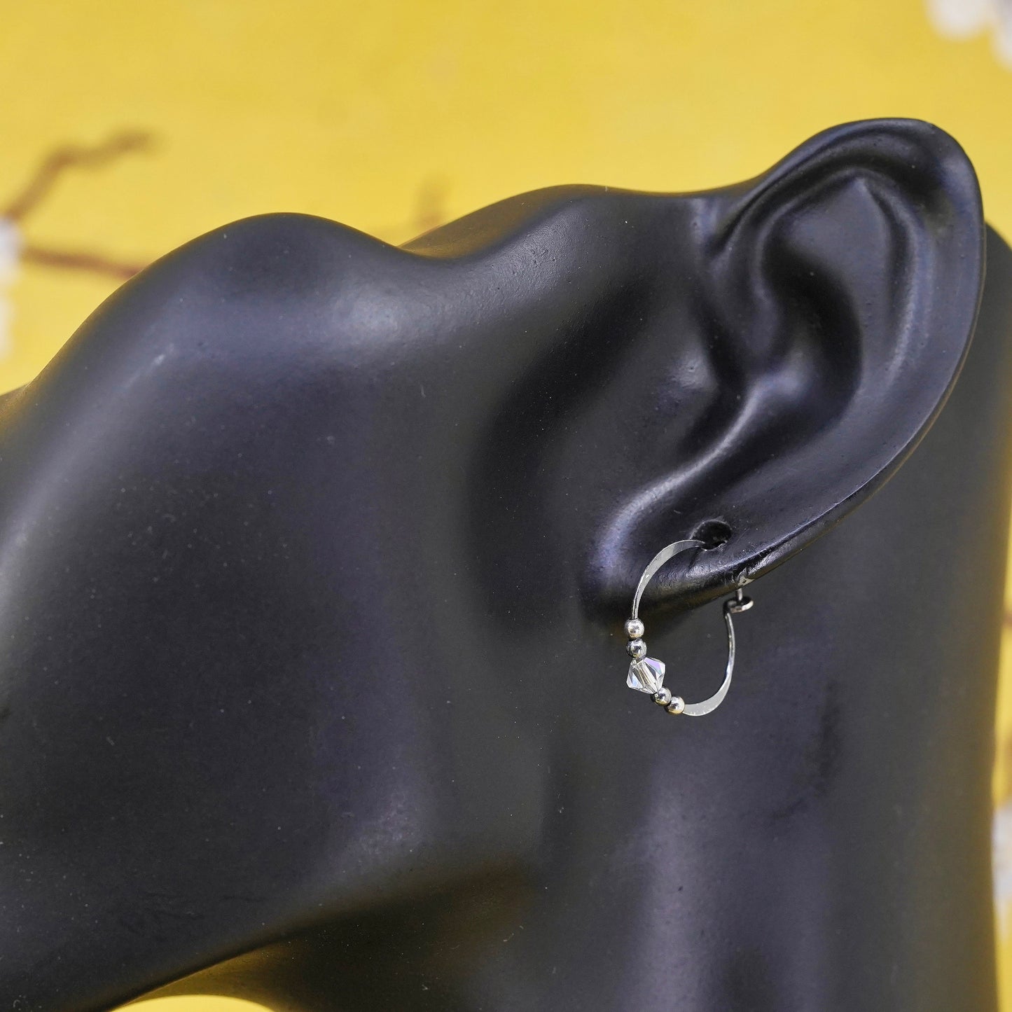 0.75", vintage Sterling silver handmade earrings, 925 hoops, huggie w/ crystal