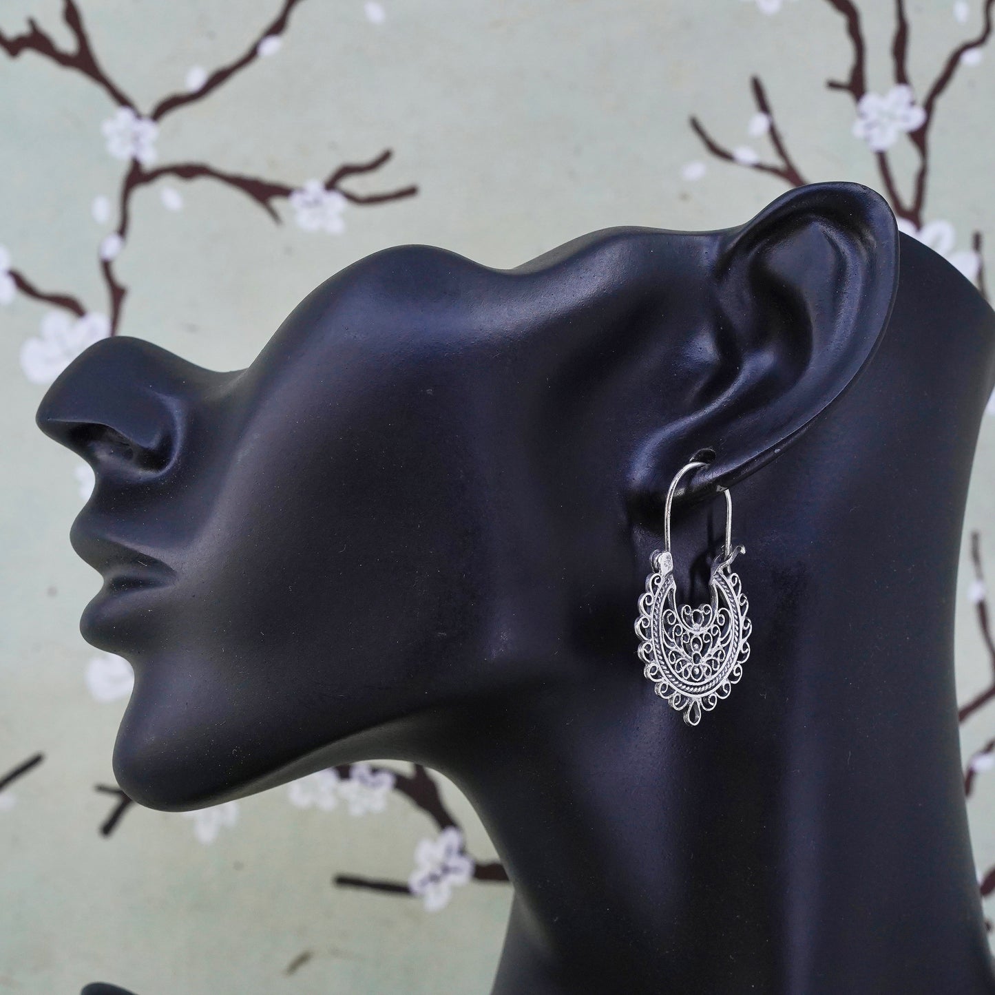 1.5”, sterling silver earrings, 925 earring huggie, filigree textured hoops