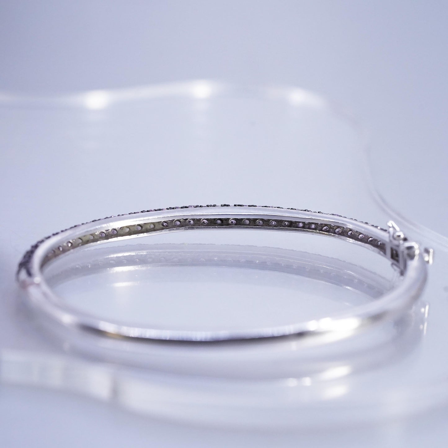 6.75", Vintage Sterling 925 silver bracelet, hinged bangle with cluster pink cz
