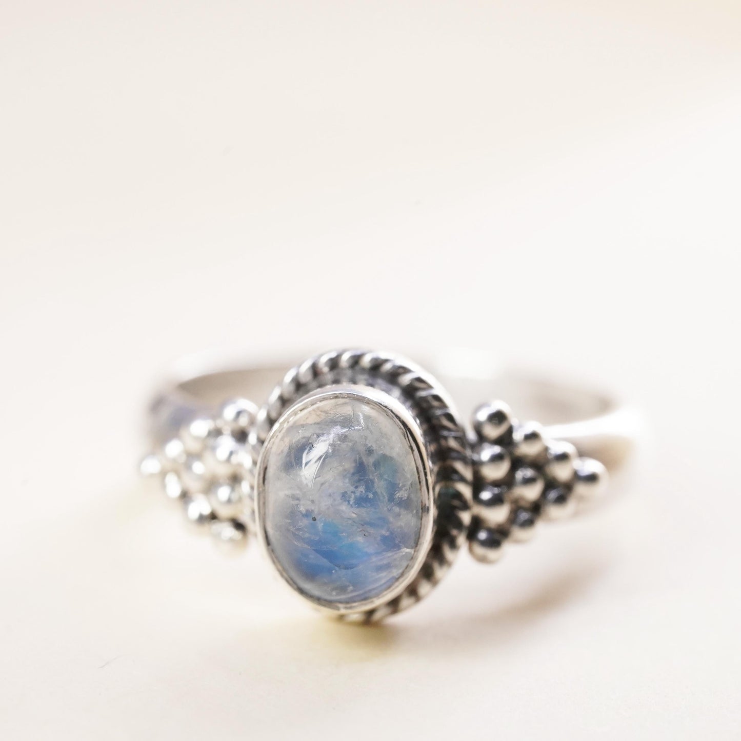Size 7, vintage Mexican sterling 925 silver stackable ring moonstone and beads