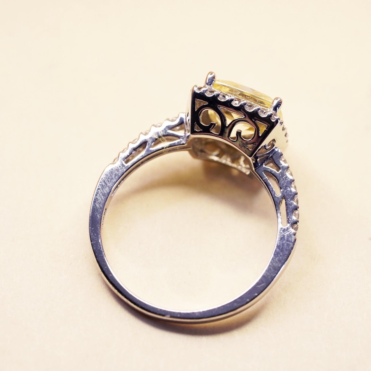 Size 6.5, vintage Sterling 925 silver ring with square citrine and cluster cz