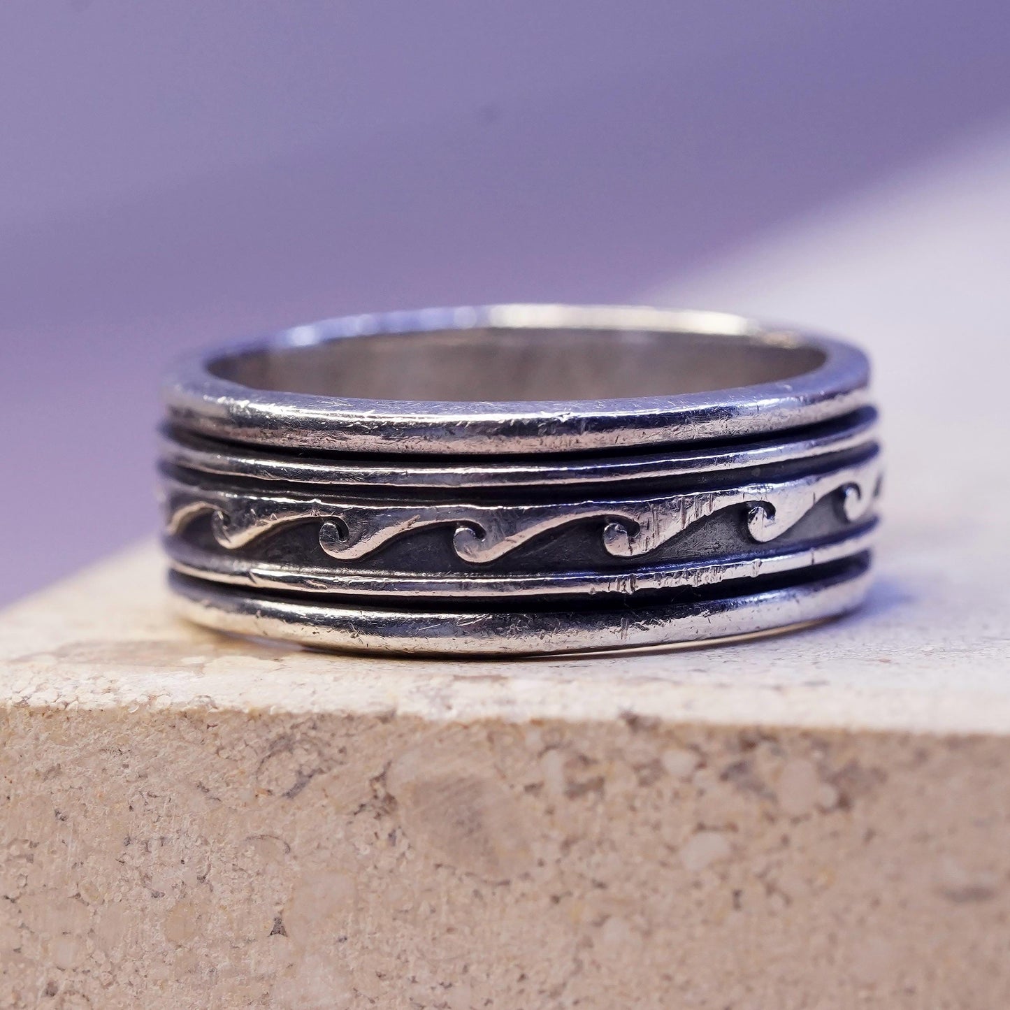 Size 9.25, Mexican sterling silver band, solid 925 silver spinner ring wave