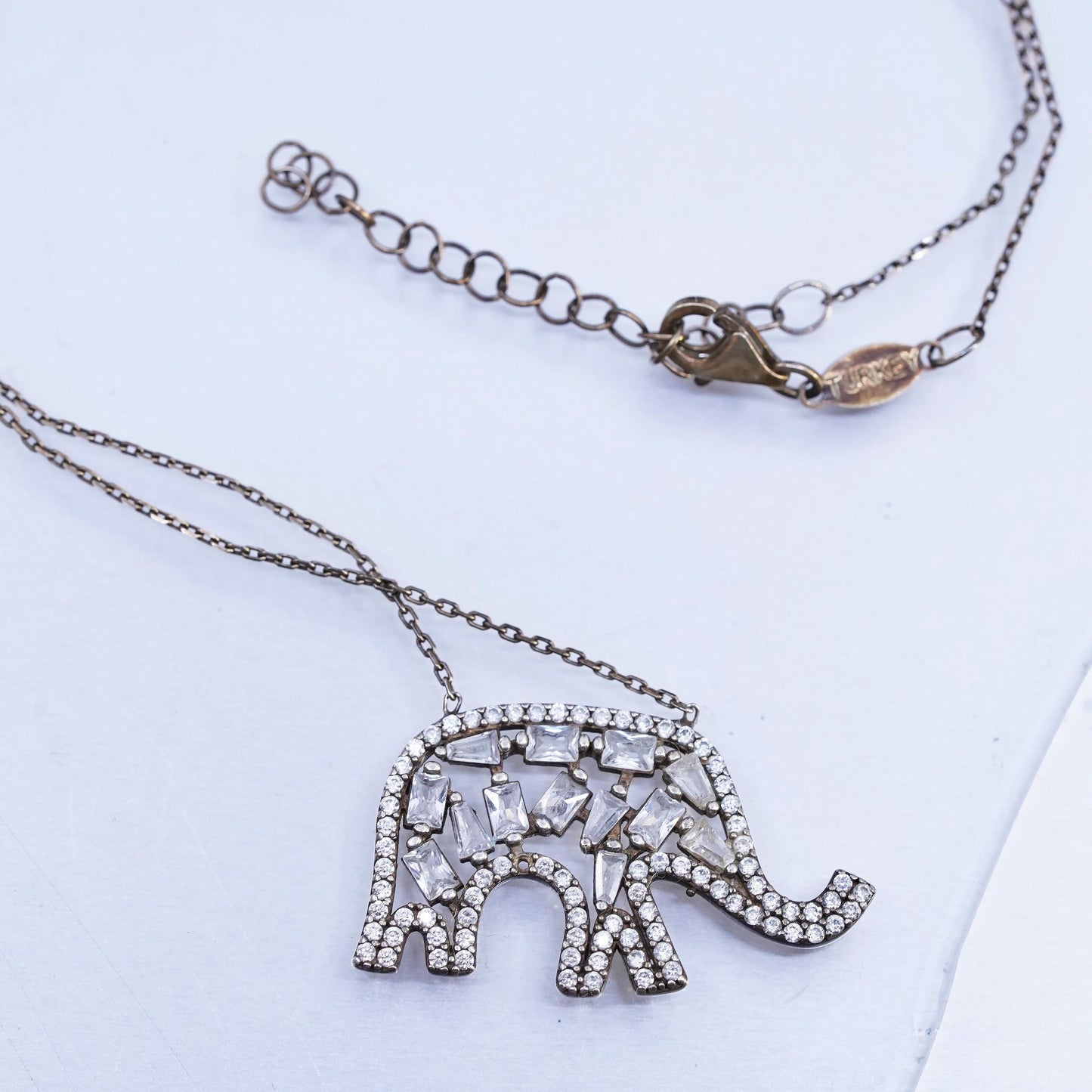 16+2", Turkish vermeil gold Sterling 925 Silver Necklace cz elephant Pendant