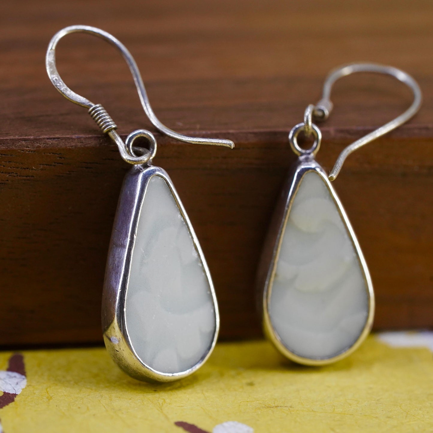 Vintage sterling 925 silver handmade earrings, w/ teardrop white agate dangles
