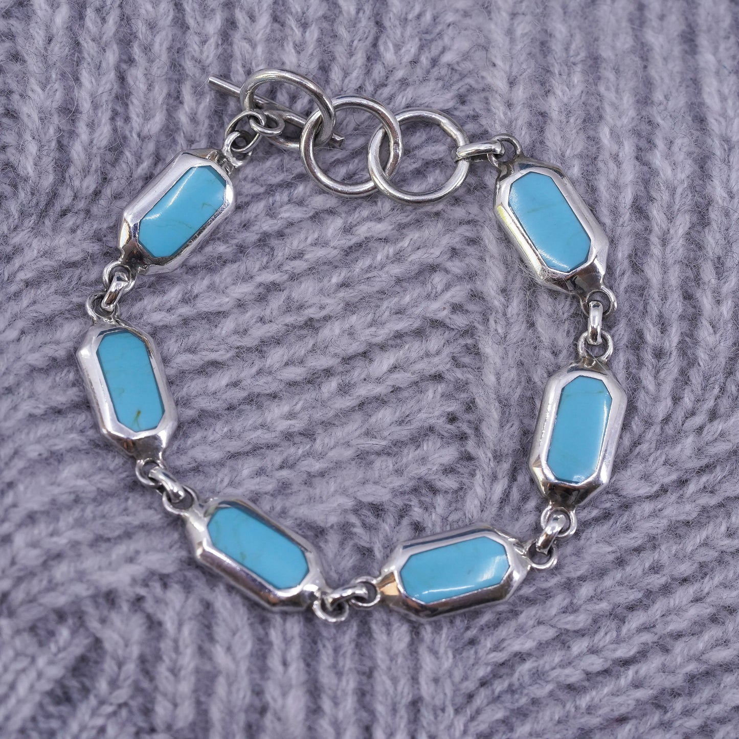 6.5”, vintage sterling 925 silver handmade bracelet w/ turquoise toggle closure