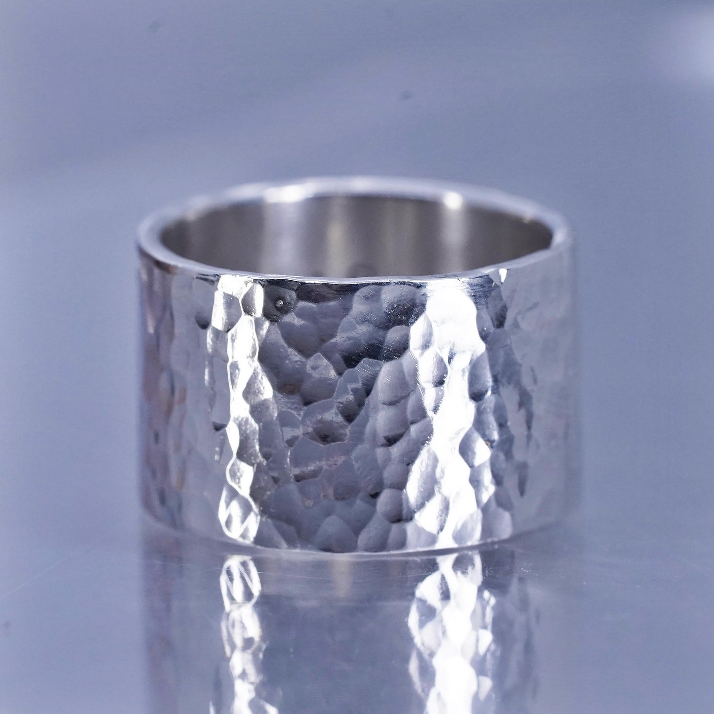 Size 8, 925 Sterling Silver Hammered Wide Band Cuff Ring Hard To Find Classic