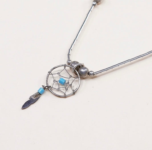 16", Vintage Native American Navajo Sterling silver handmade necklace, solid 925 silver liquid silver chain with turquoise feather pendant,