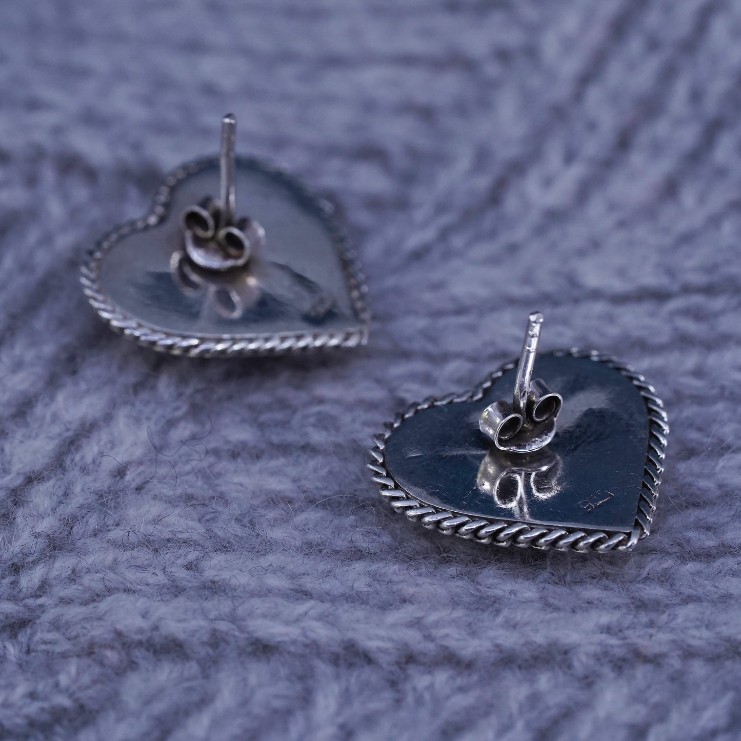 Vintage Sterling silver handmade earrings, textured 925 heart studs