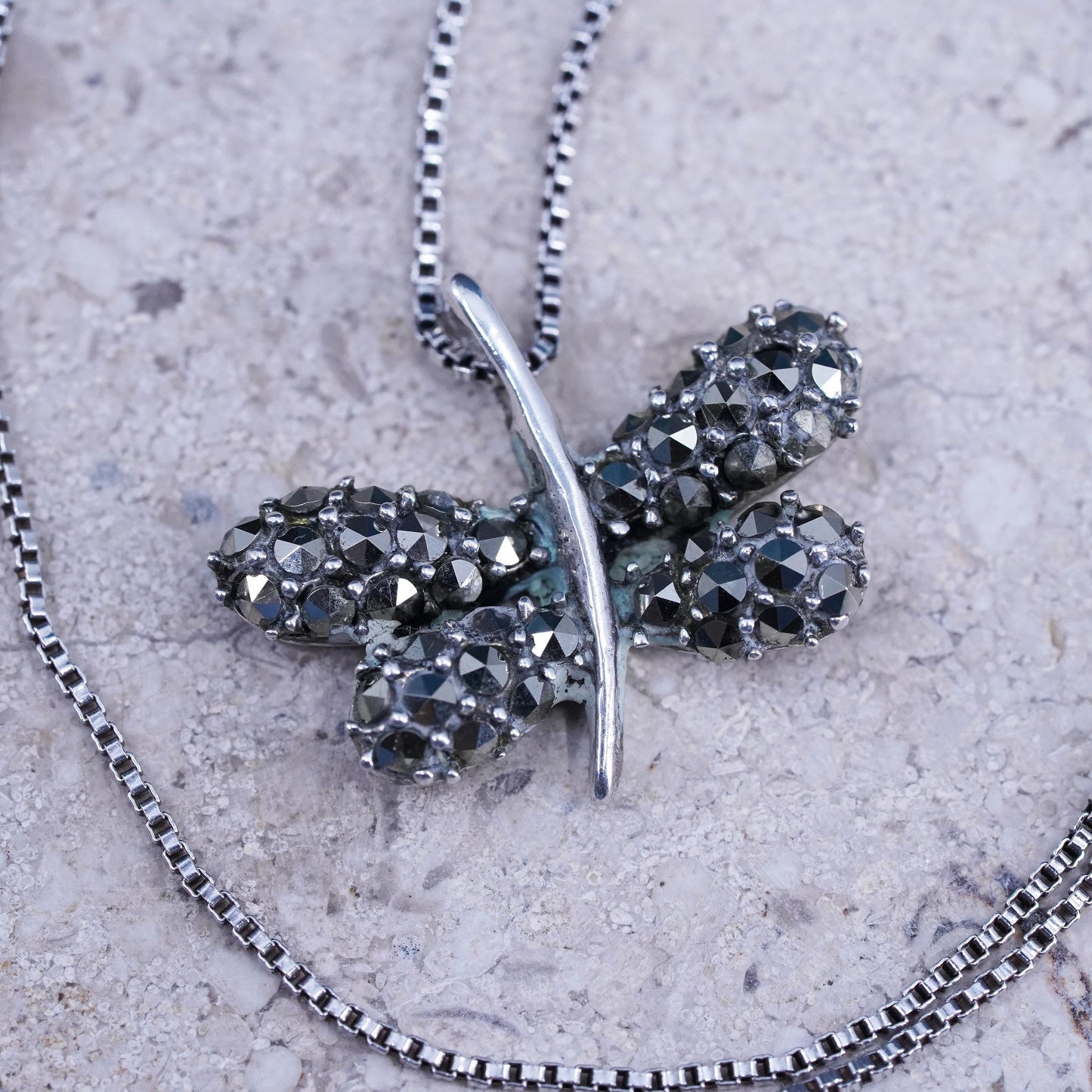 20", VTG Sterling silver necklace, 925 box chain marcasite butterfly pendant