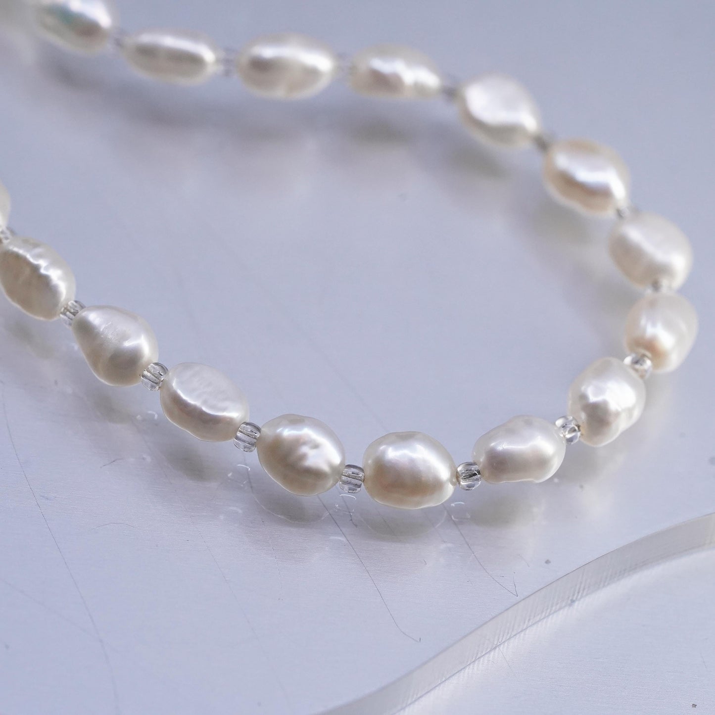 18", vintage sterling 925 silver necklace w/ 6mm freshwater baroque pearl beads