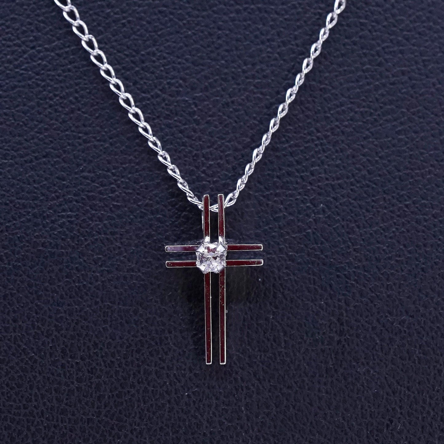 16", vintage Sterling 925 silver handmade curb necklace with cz cross pendant