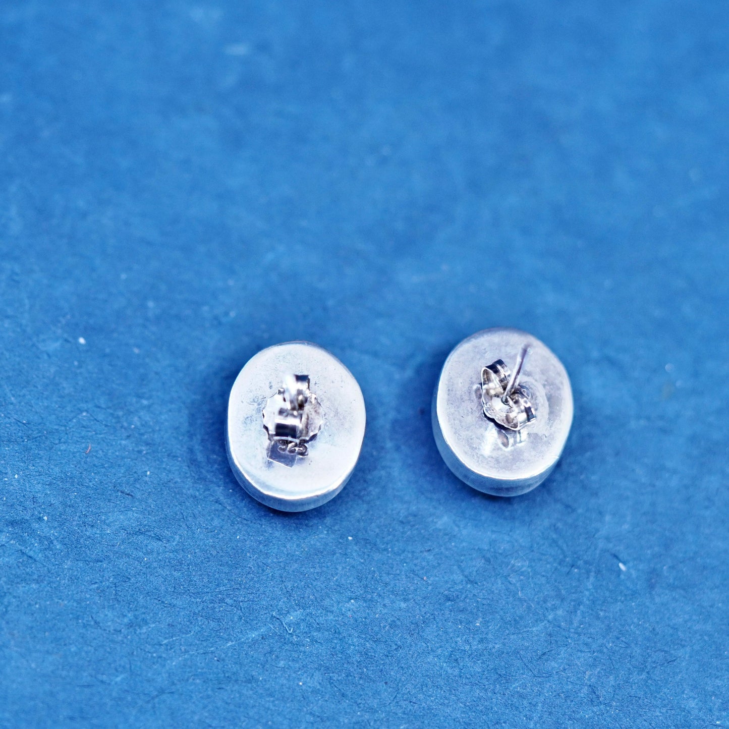 Vintage sterling silver handmade earrings, 925 oval studs with larimar Inlay