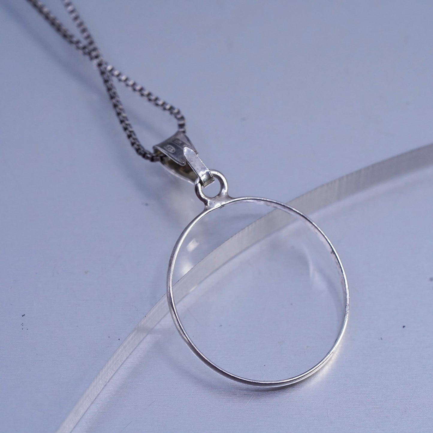 18", vintage Sterling 925 silver box pendant necklace with circle pendant
