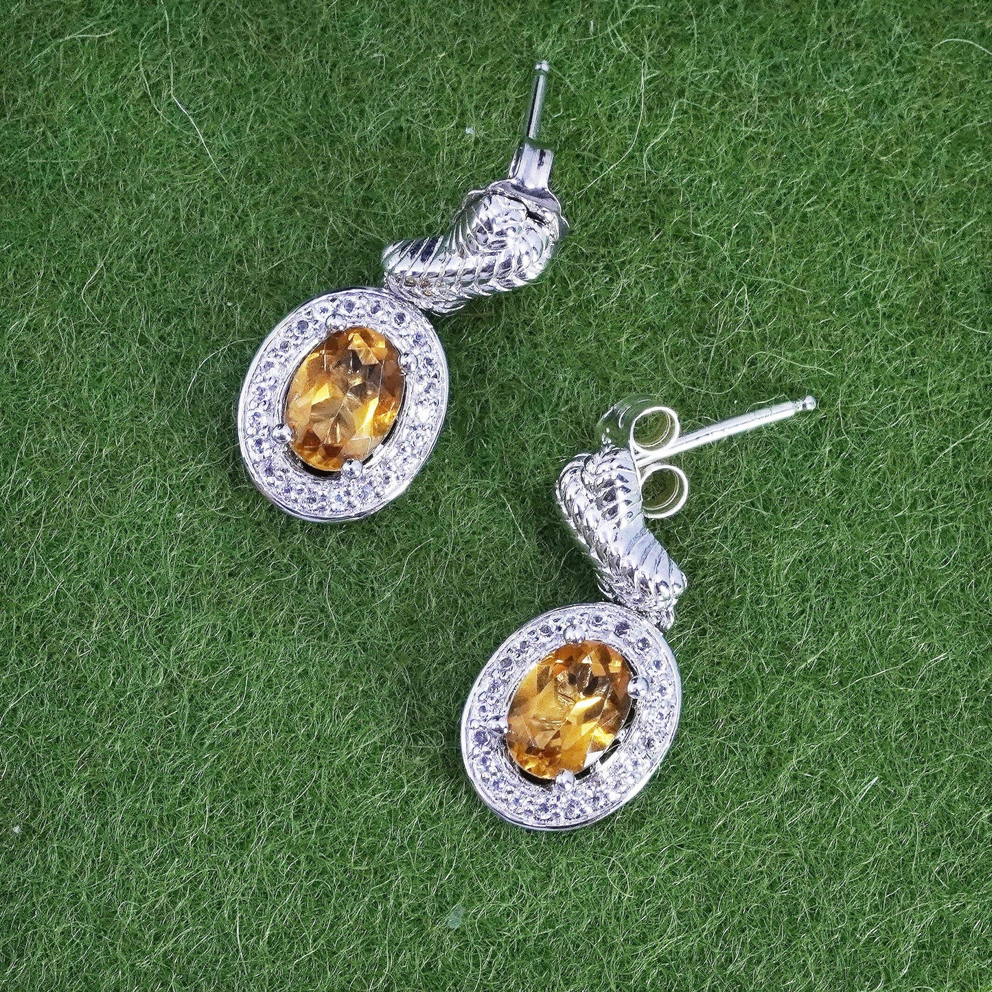 Vintage Sterling 925 silver handmade earrings with citrine and cz around