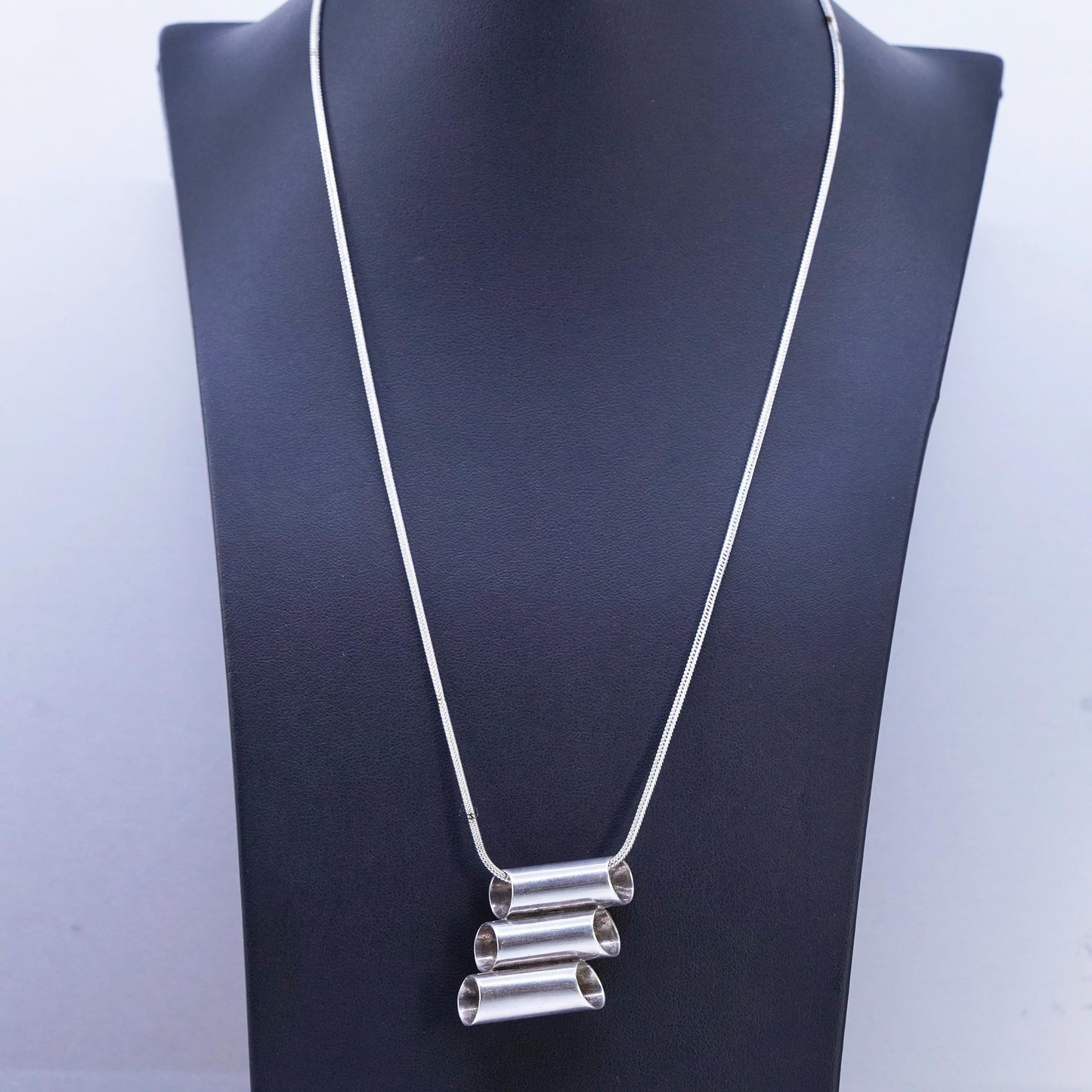 22" 1.6mm, vintage Sterling 925 silver snake chain necklace triple tube pendant