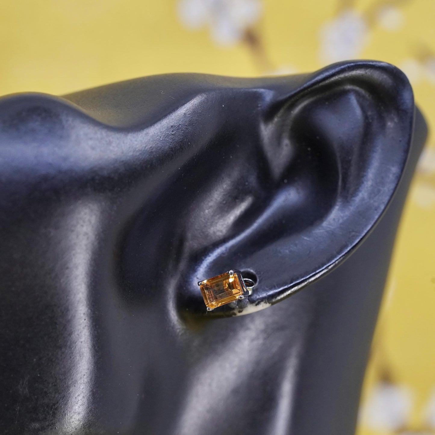 7mm, Vintage oxidized Sterling silver earrings, 925 studs with citrine