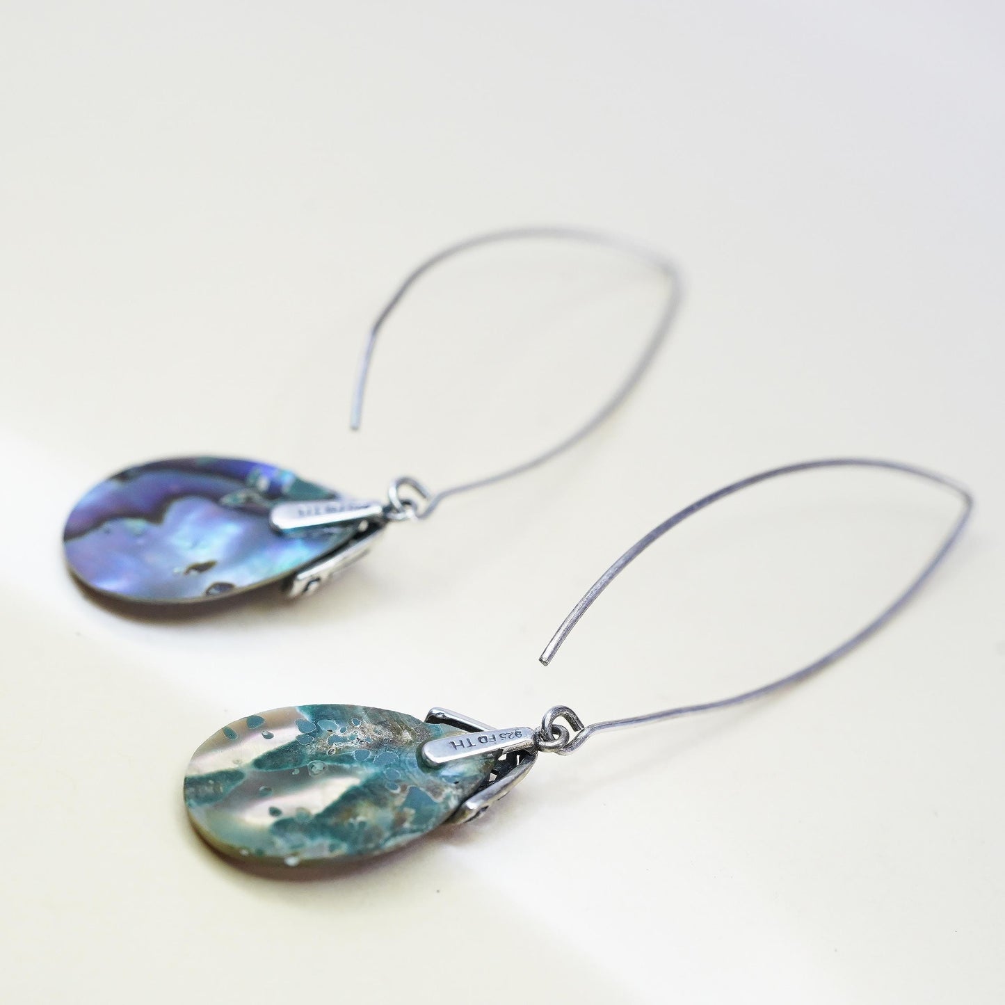 Vintage Thailand FD sterling 925 silver handmade teardrop earrings with abalone