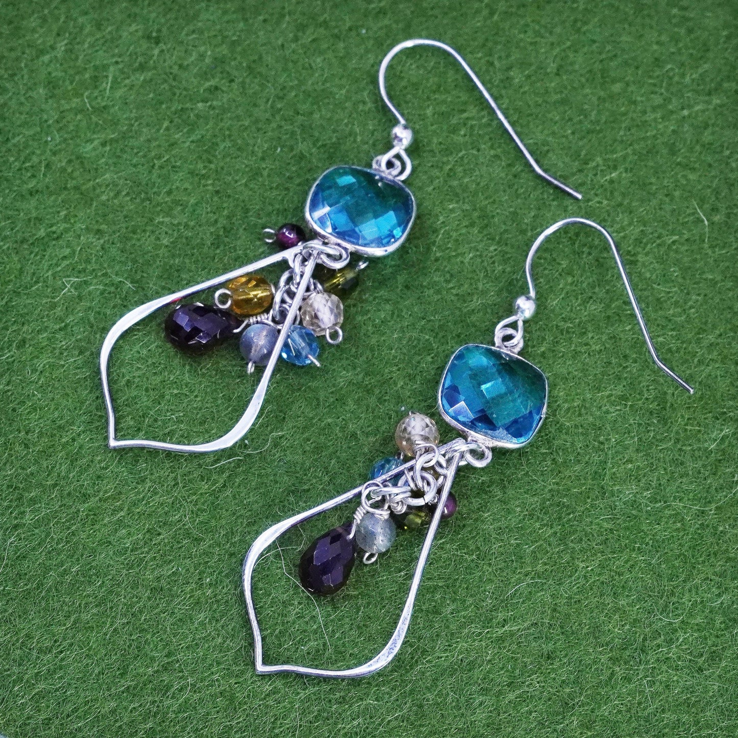 sterling silver 925 earrings with teardrop blue topaz drops and gemstone beads