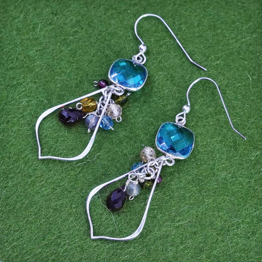 sterling silver 925 earrings with teardrop blue topaz drops and gemstone beads