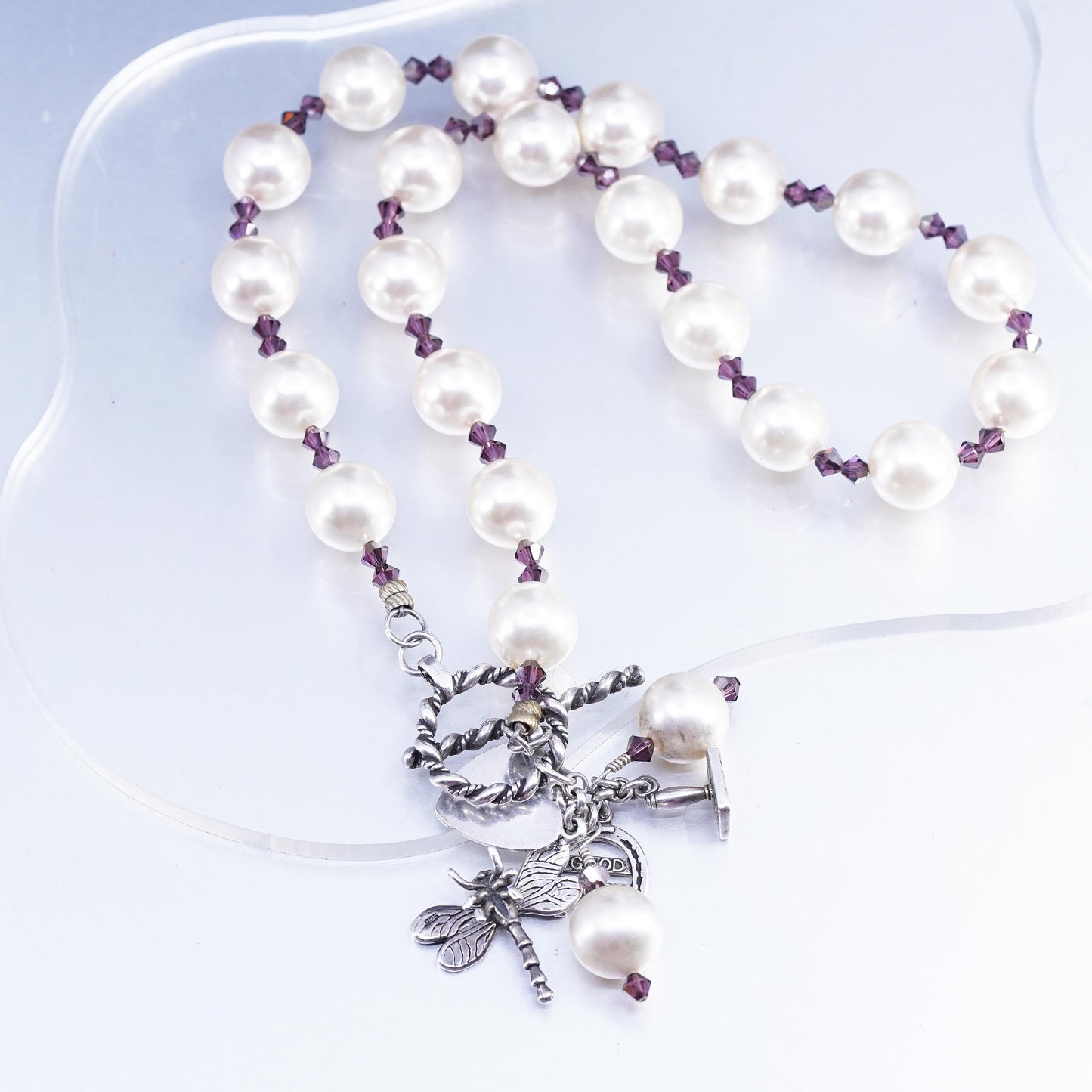 18", Sterling 925 silver necklace faux pearl beads, dragonfly horseshoe charms