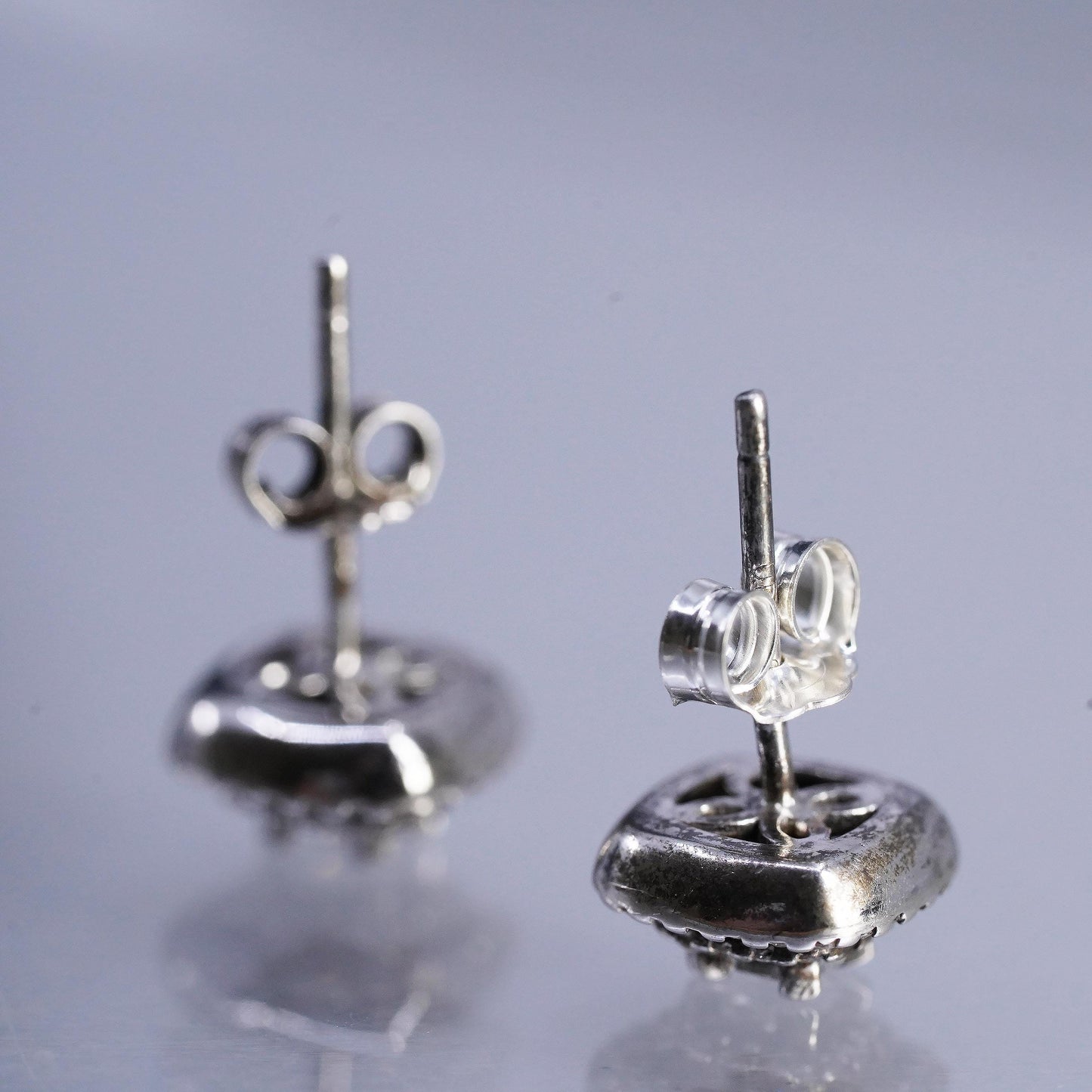 Vintage Sterling 925 silver handmade earrings, square studs with cluster Cz