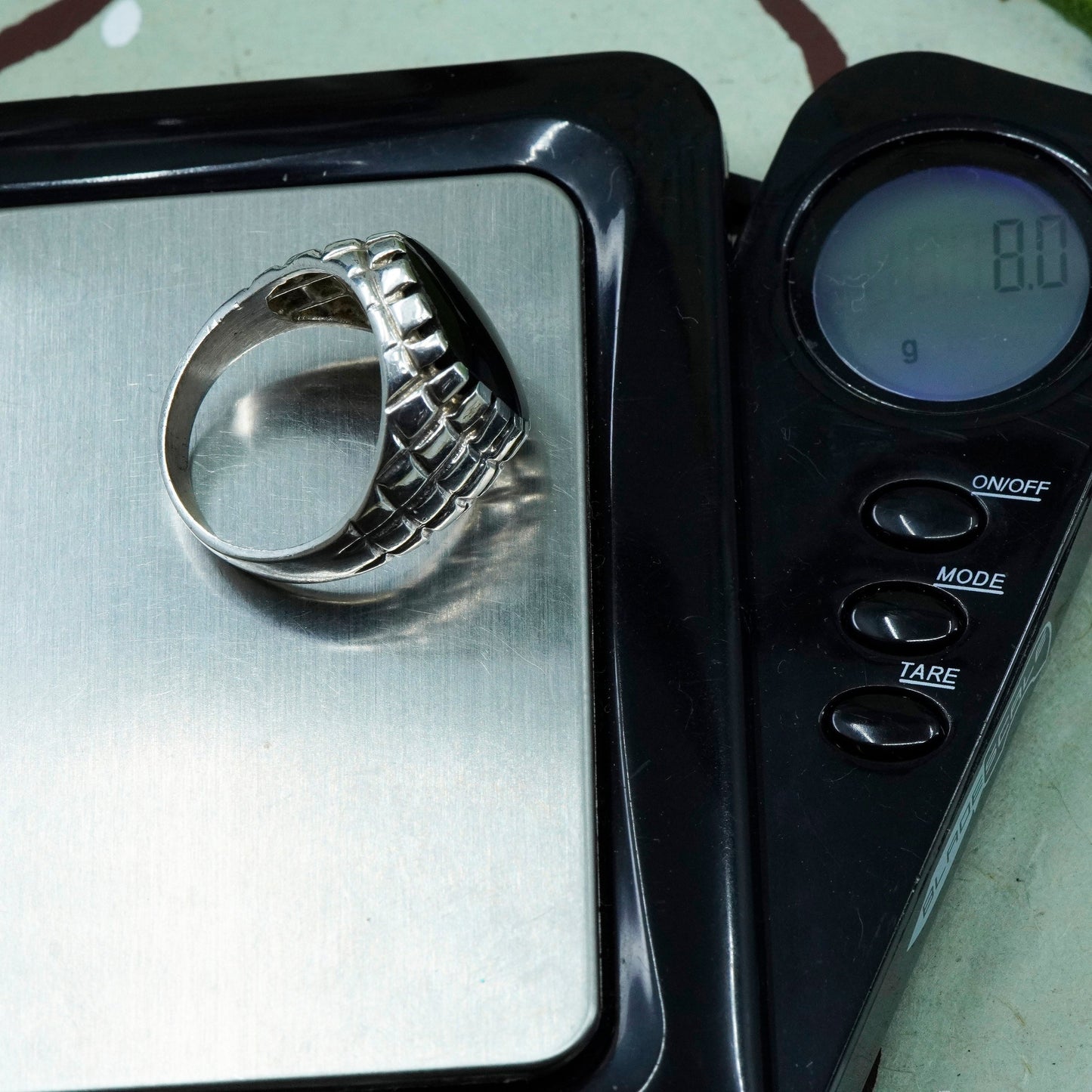 Size 8.5, vintage Sterling 925 silver handmade statement ring with onyx