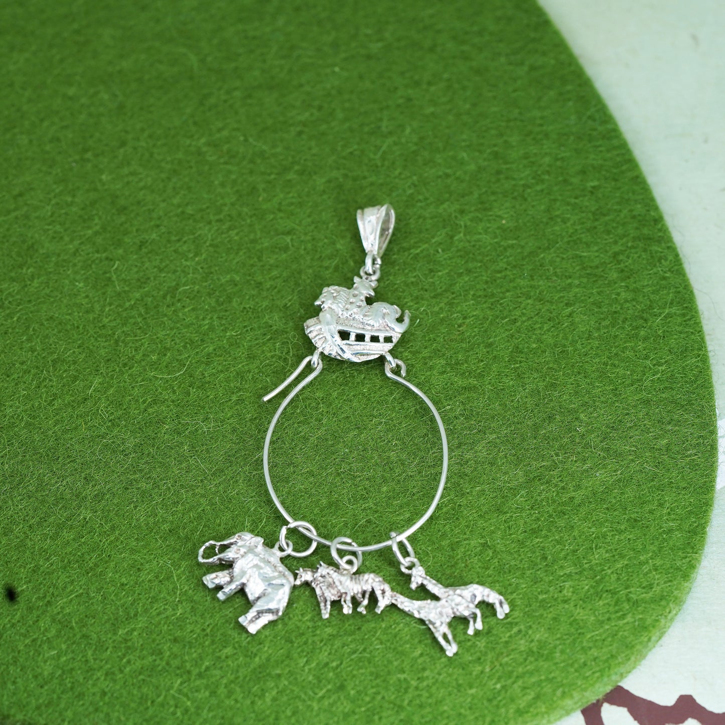 Vintage sterling silver pendant, 925 Noah’s Ark boat charm with zebra elephant