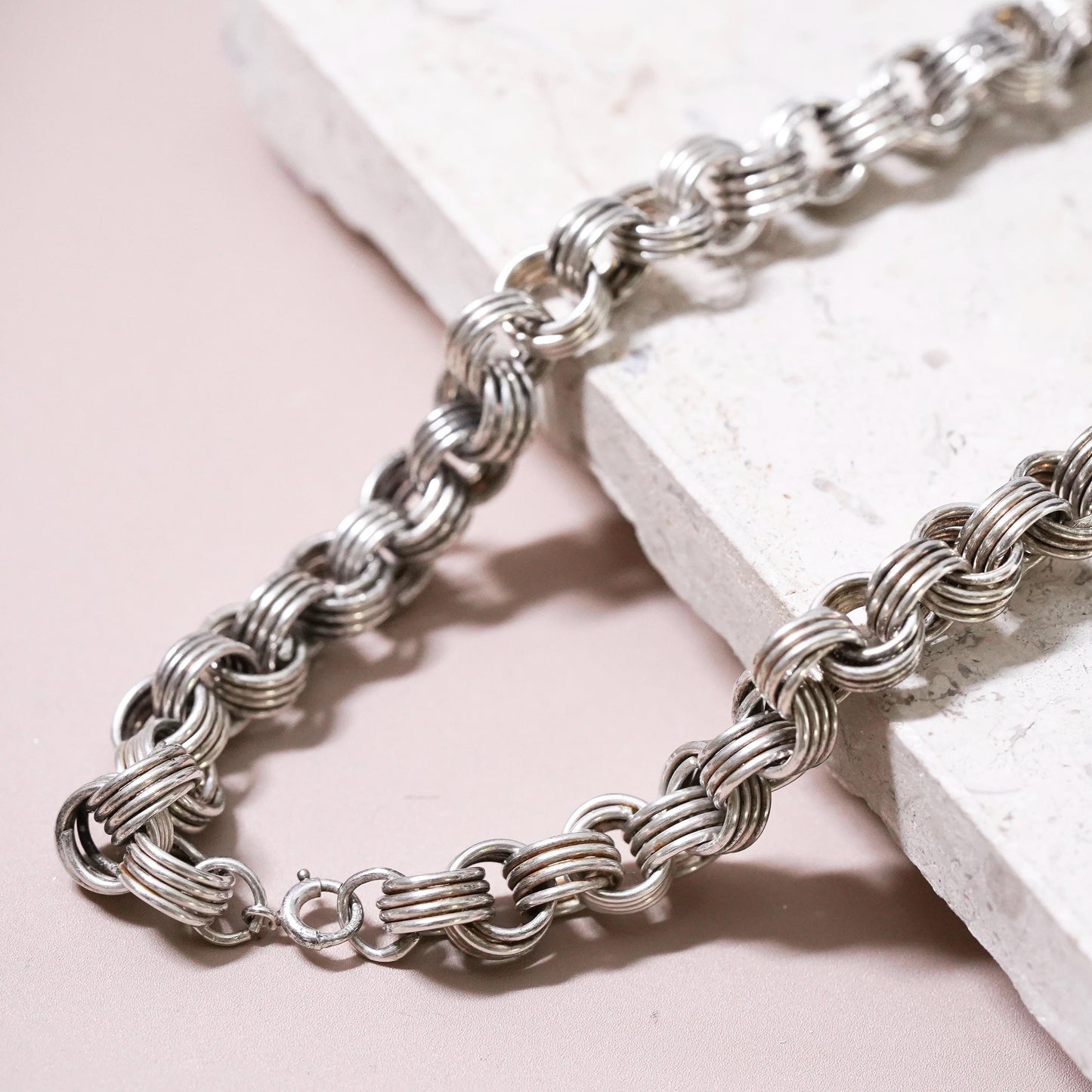 14”, vintage Sterling silver necklace, 925 entwined circle link chain choker