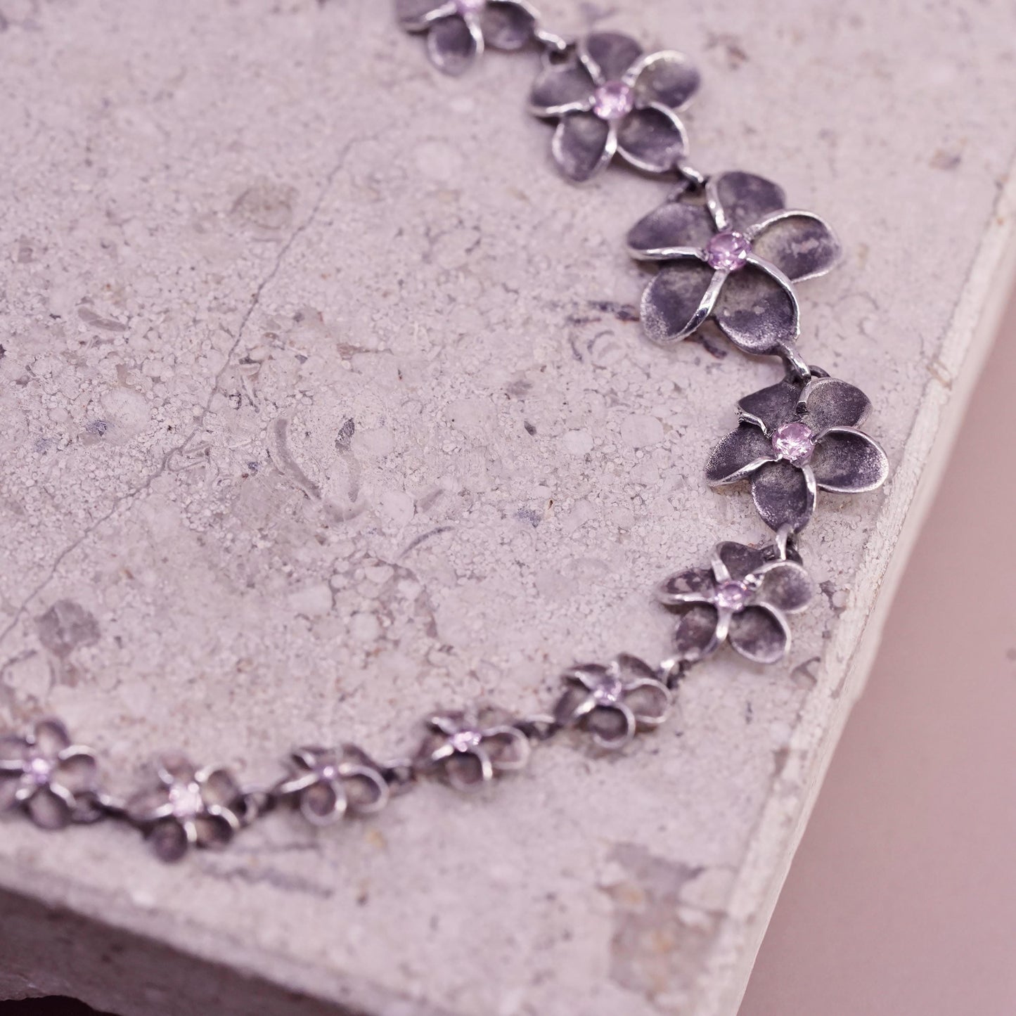 7.25", Sterling silver bracelet, solid 925 plumeria flower pink cz