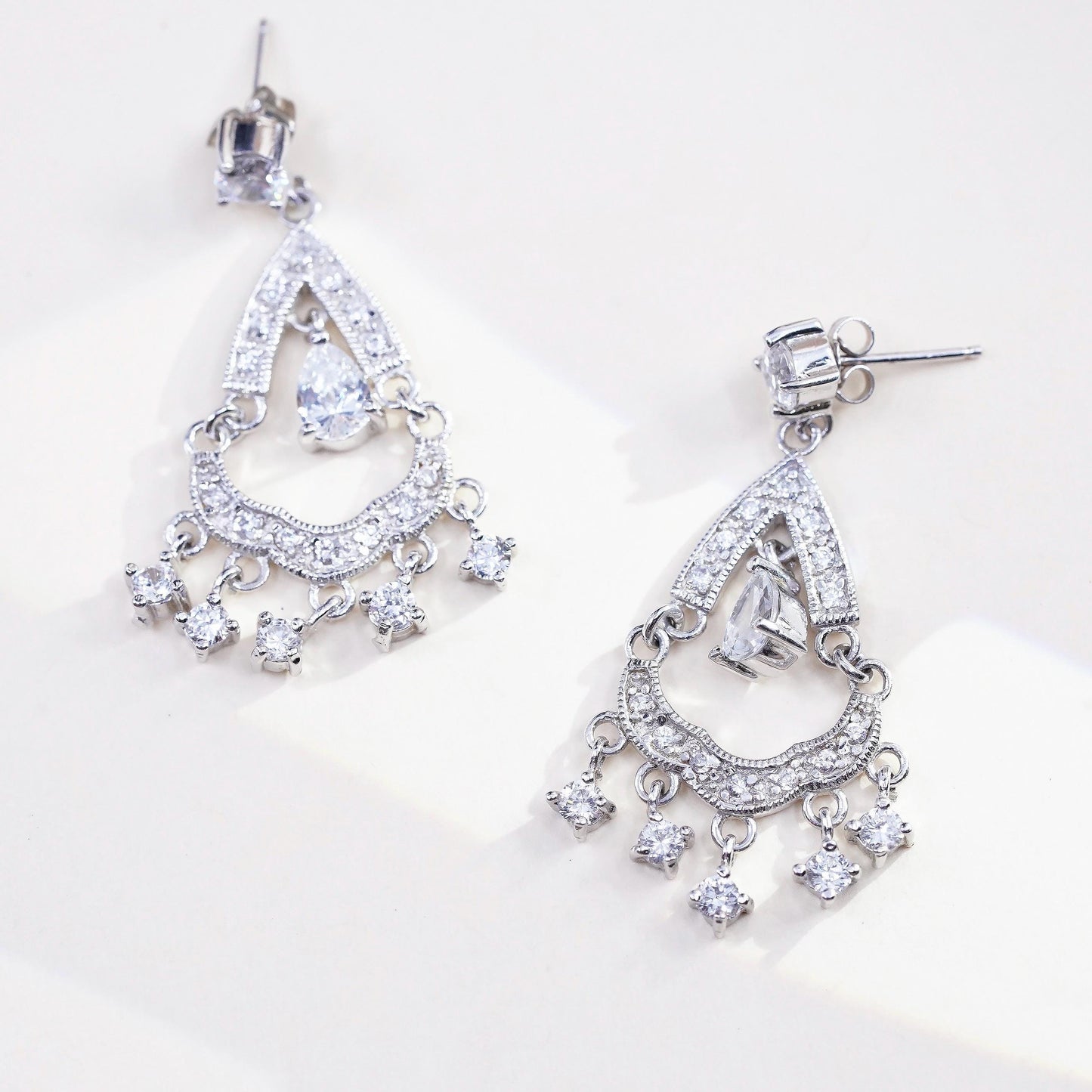 925 Sterling Silver CZ Chandelier Earrings, Teardrop Dangles, Art Deco Bridal