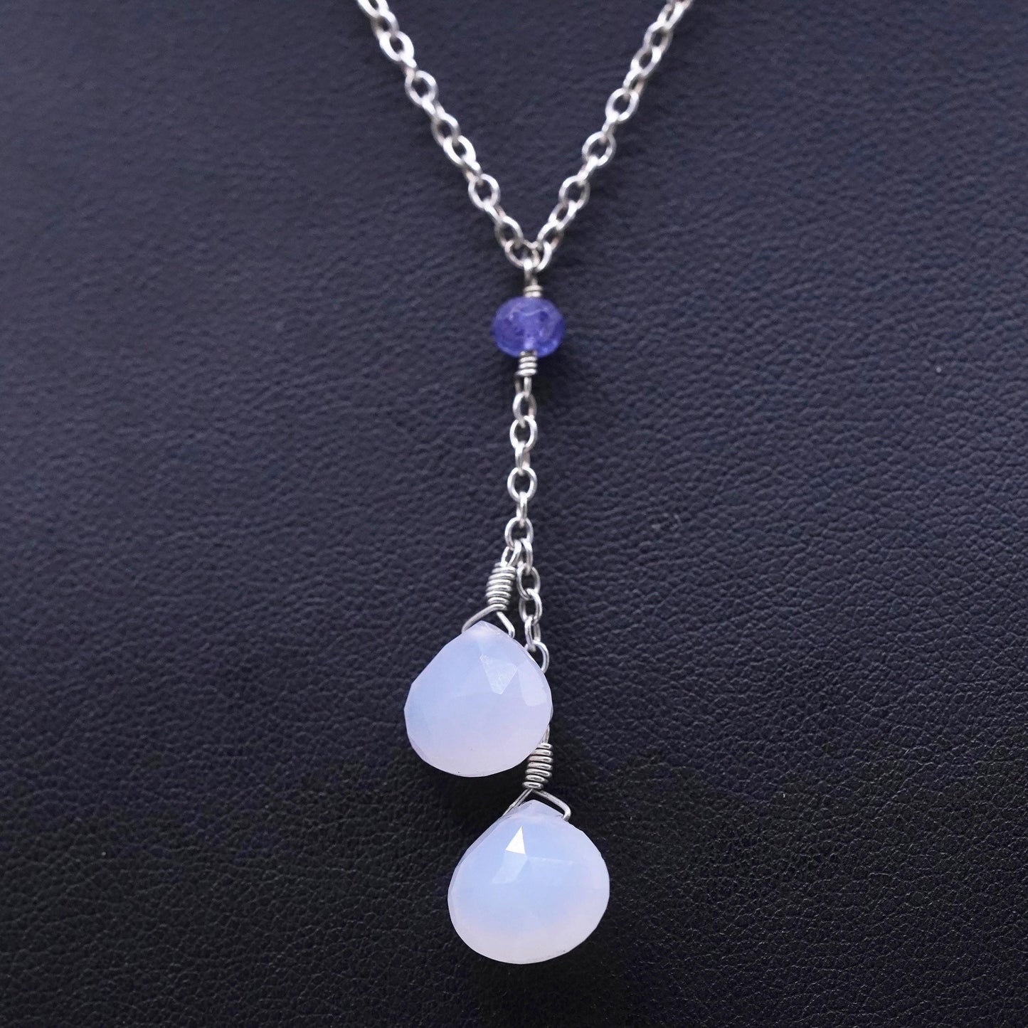 16+2”, Sterling silver necklace, 925 circle chain teardrop chalcedony pendant