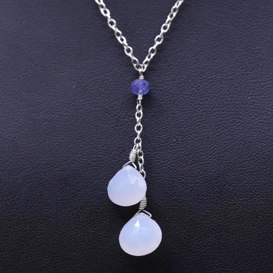 16+2”, Sterling silver necklace, 925 circle chain teardrop chalcedony pendant