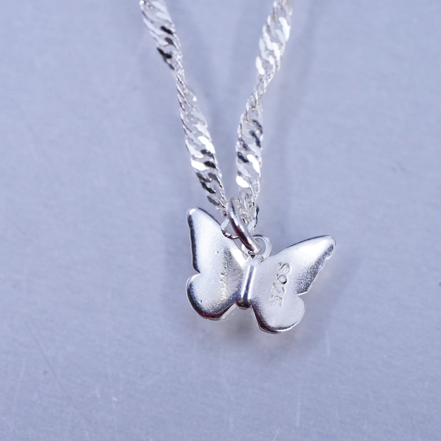 16+1.5” Sterling 925 silver twisted curb chain necklace with butterfly pendant